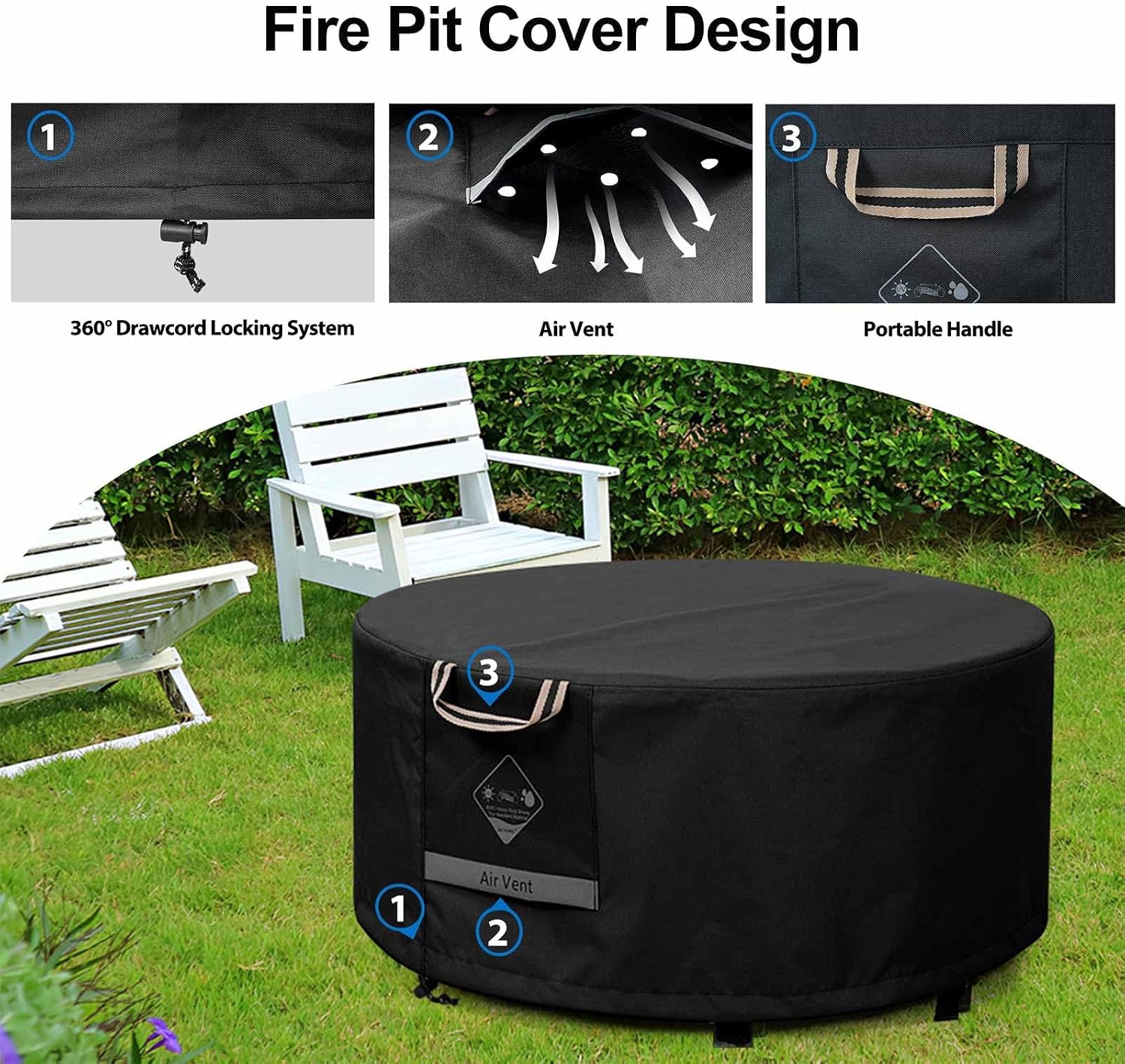 QH.HOME Fire Pit Cover Round, 100% Waterproof, 600D Strong Tear Resistant, Outdoor Firepit Covers Round Fits 34 inch ,35 inch,36 inch Fire Pit Cover, 36” Dia X 20”H -Black