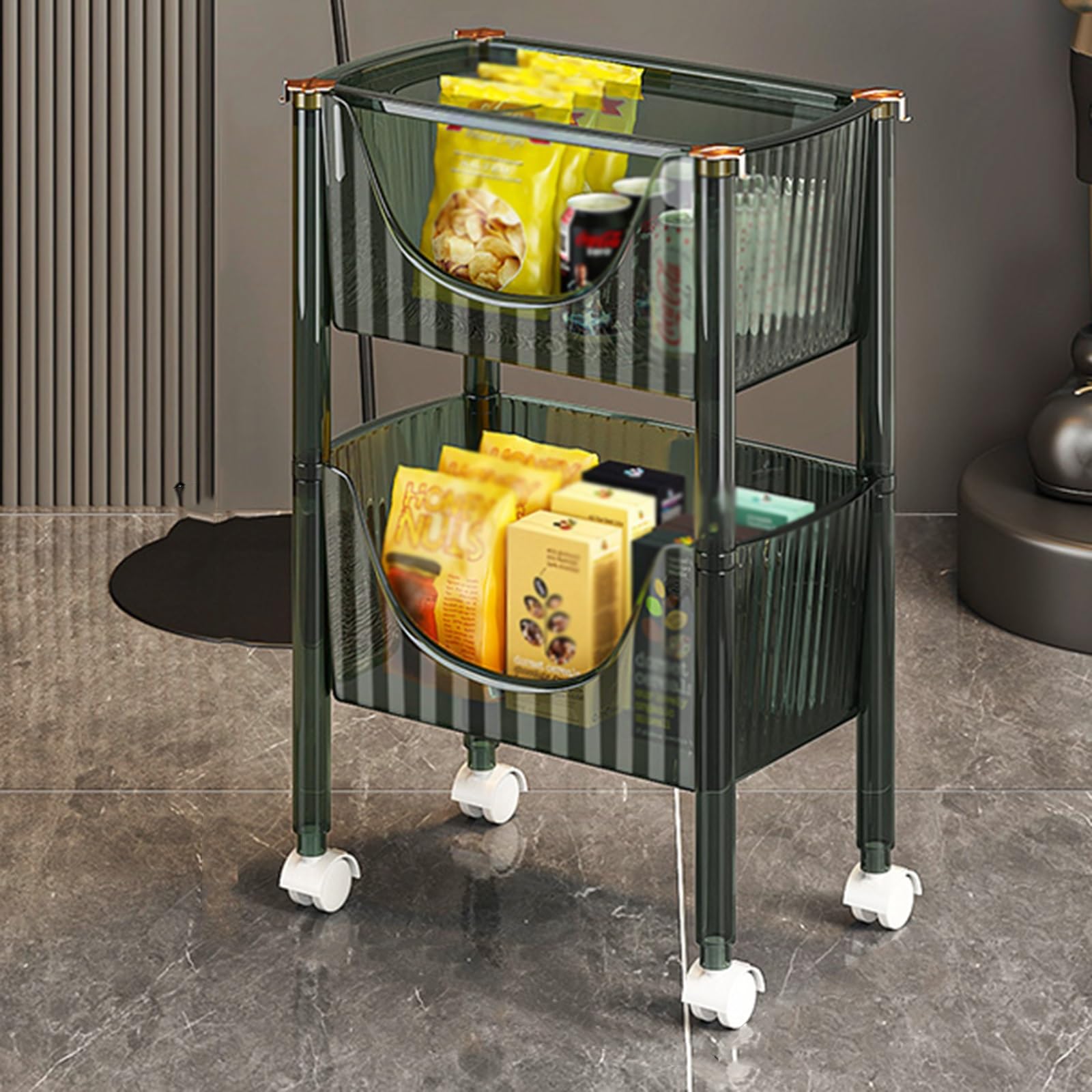 Scaffale per snack Scaffale mobile for frutta/verdura a 2 3 4 livelli, carrello for snack trasparente a U da pavimento for dispensa cucina camera da letto, carrello della spesa girevole con ruote e ga