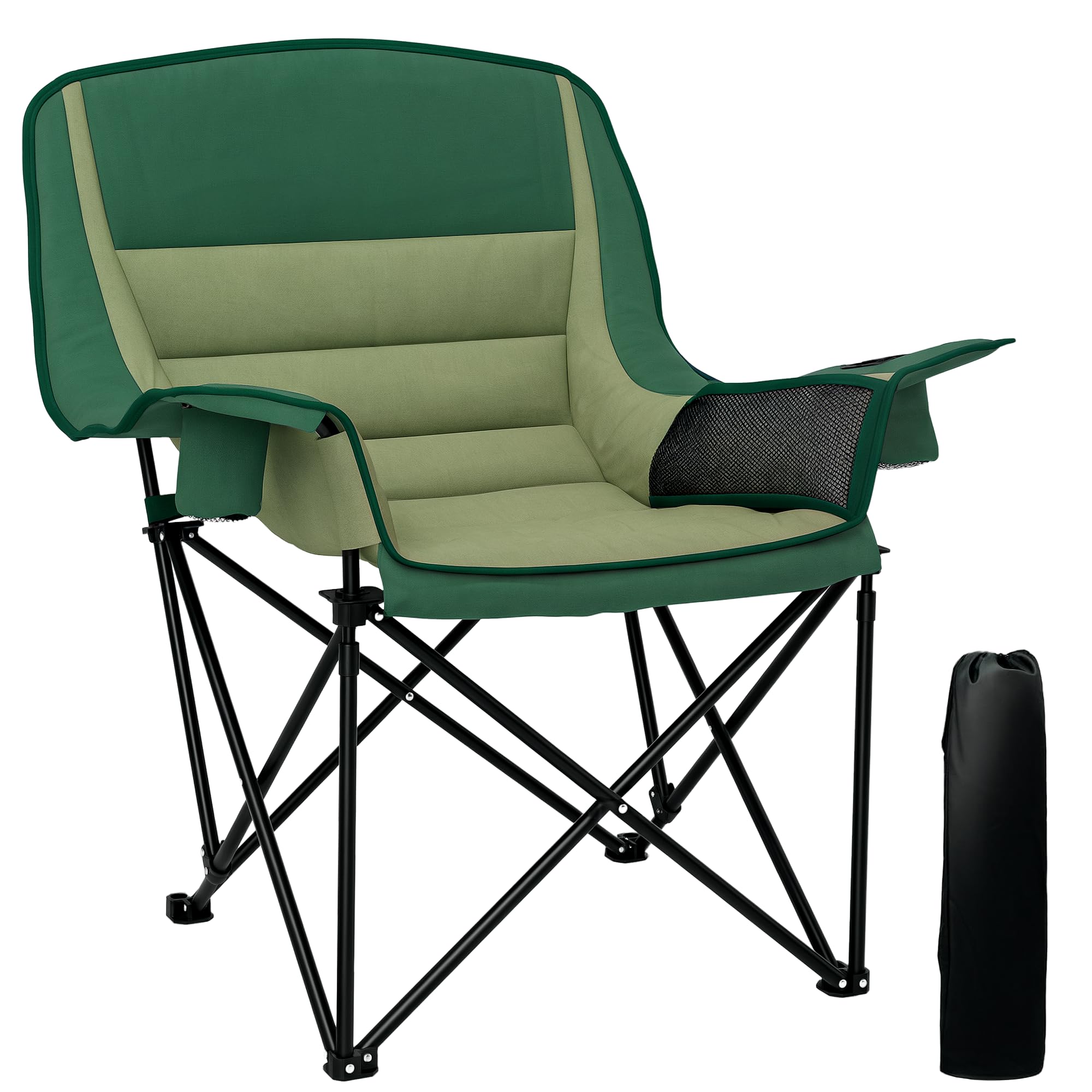 Outsunny Folding Camping Chair for Adults, Portable Padded Folding Chair with Cup Holders, Side Pockets and Carry bag for Picnic, Hiking, Fishing, Olive Green