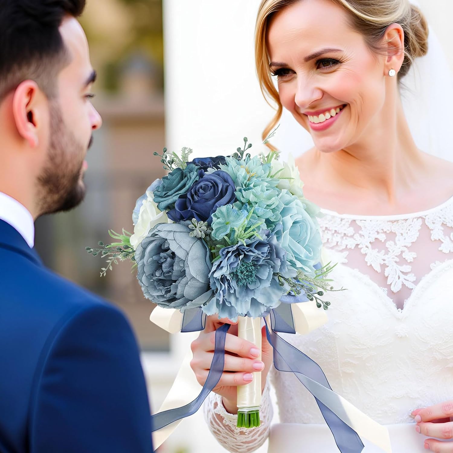 Wedding Bouquets for Bride Bridesmaid 8.5 Inch Dusty Blue Artificial Roses Flowers Bridal Bouquets for Bride Wedding Marriage Proposal Party Church Decoration