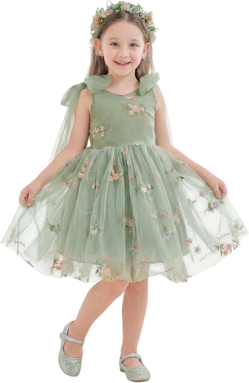 LalaMira Flower Girl Dress Floral Embroidered Toddler Girls Dresses Fairy Tulle Dress for Wedding Birthday Party Photo Shoot