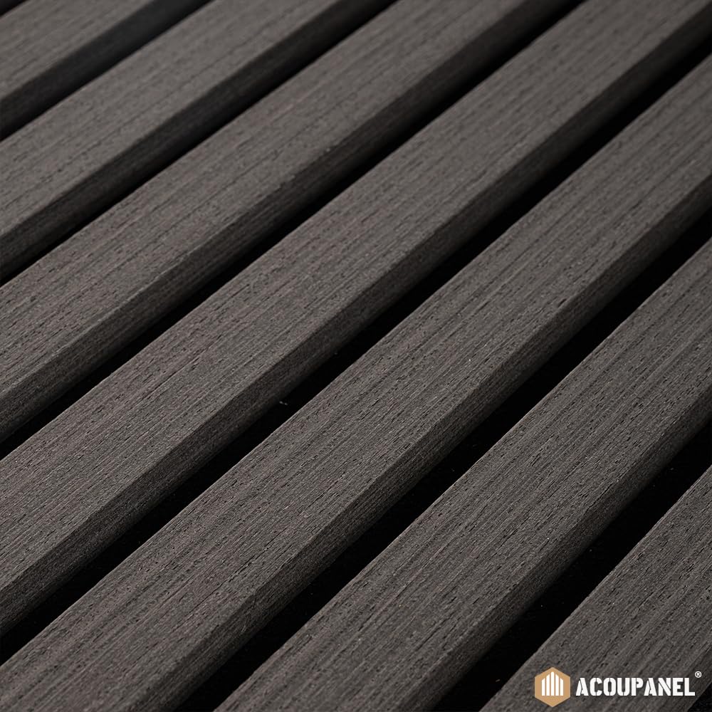 Panel acústico de tablillas de madera | Juego de 4 paneles de pared de 1,28 m² | Aislamiento acústico | Chapa de roble de 3 caras | Instalación fácil de pared o techo (roble negro)