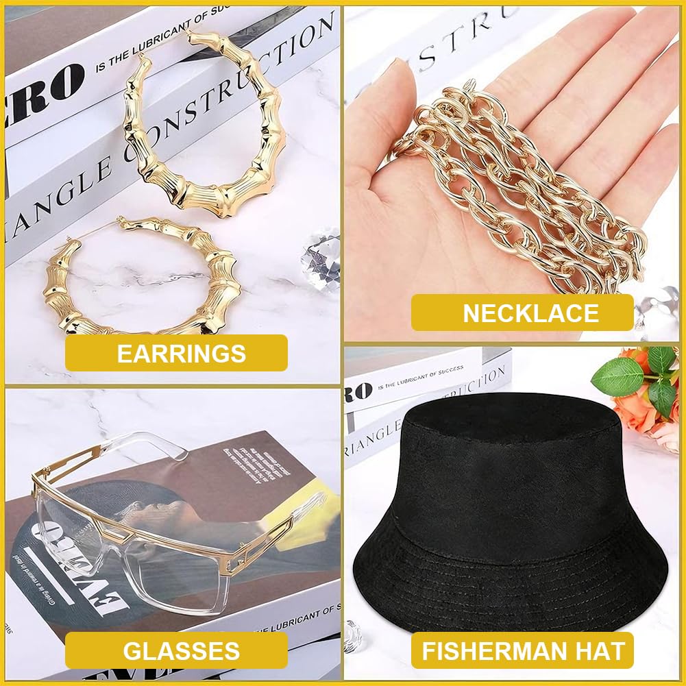 Hip Hop Rapper Costume Set, 5 Pcs Hip Hop Accessories Kit, Golden 80s Hips Hops Fancy Dress Accessories, Golden Necklace - Image 3