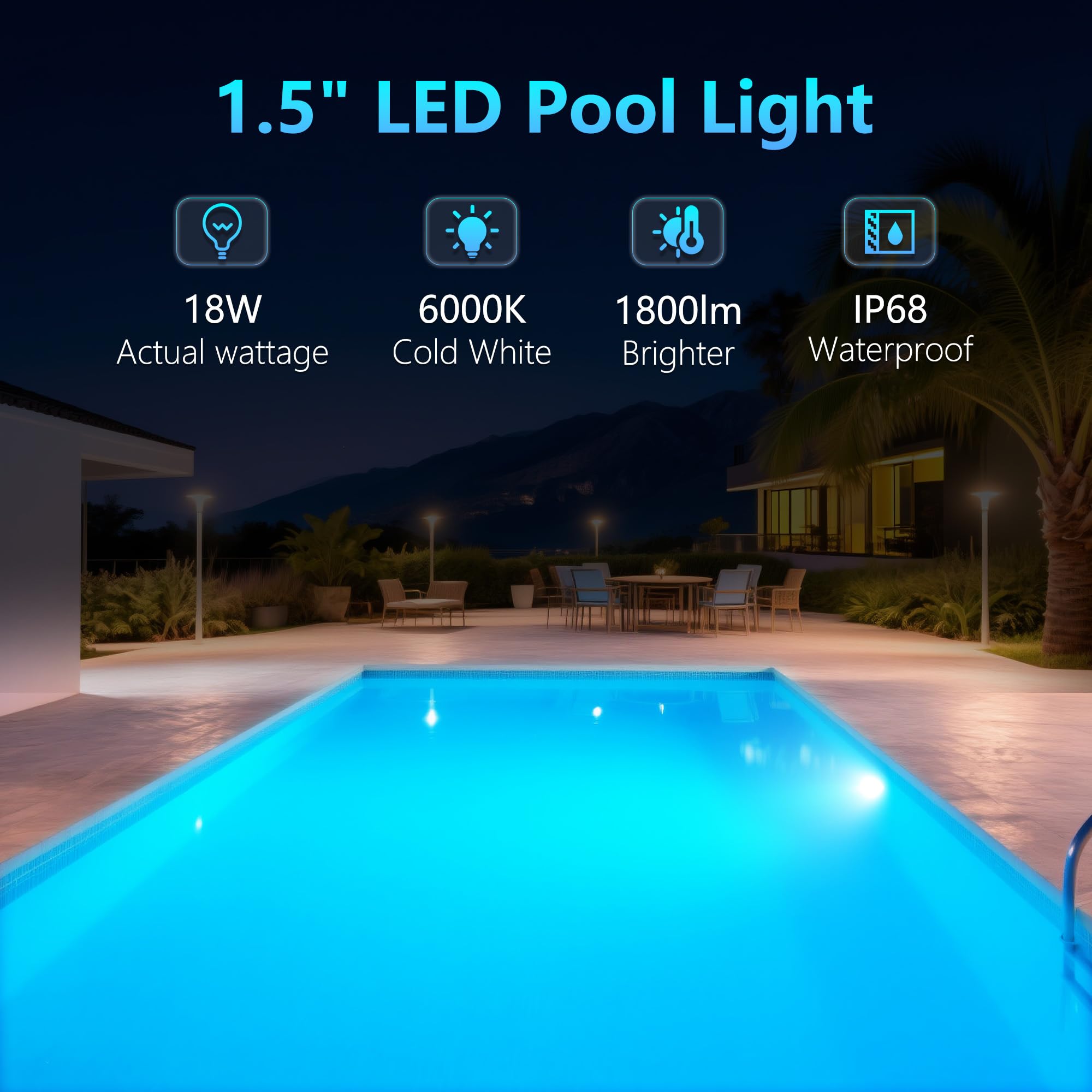Foco LED Piscina con Rosca 1,5", 18W Lámpara Piscina Blanco 6000K No Regulable 1800lm, Ø242mm,12V AC/DC Relleno de Resina Luz Sumergible para Boquilla y Tubo para Piscinas Hormigón Escaleras