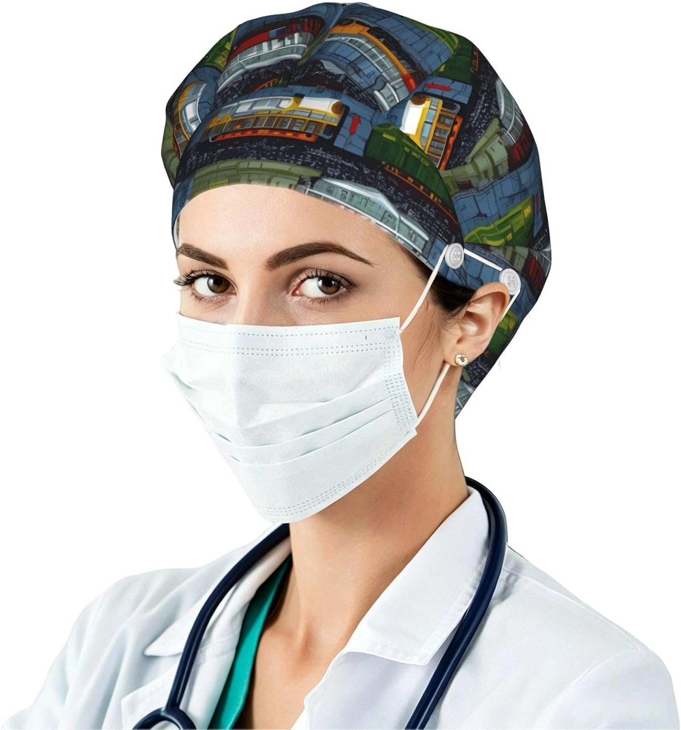 Train Cars Bouffant Cap with Buttons, Sweatband Cap Black