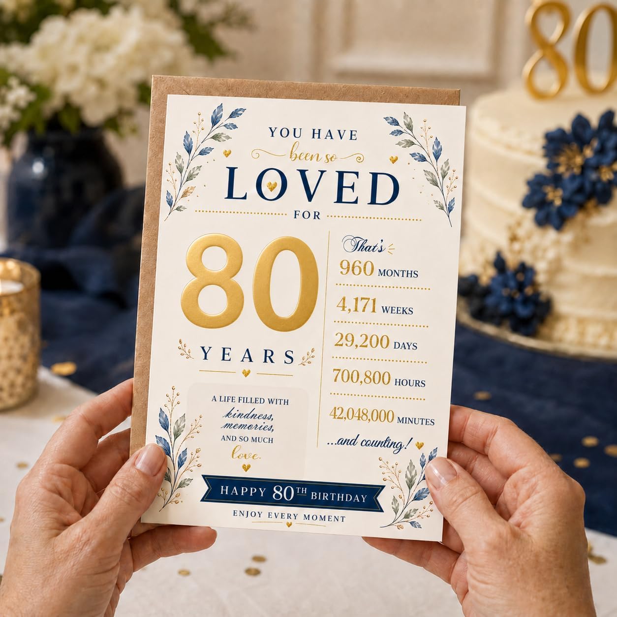 80th Birthday Card, Anniversary, Wedding Decorations, Party Supplies - Folded Card for Women, Men include Envelope, Sticker, Blank Inside (GOLD) image 3