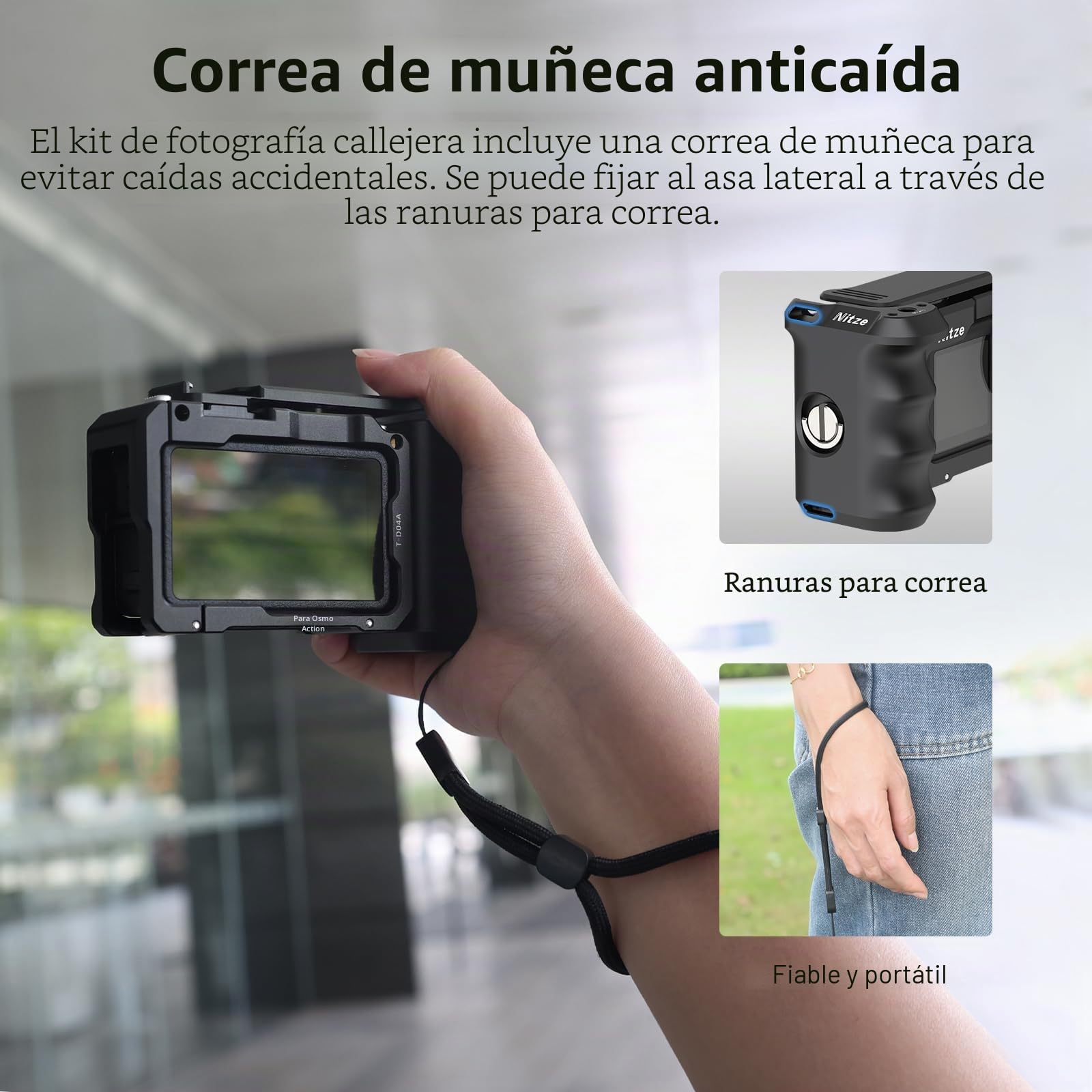 Nitze Kit de Jaula para dji Osmo Action 5 Pro/4/3, Kit Street Grip con Empuñadura Lateral Ergonómica, Cold Shoe Shutter Button, Orificio de Fijación de 1/4" para dji Mic, Trípodes - T-D04B