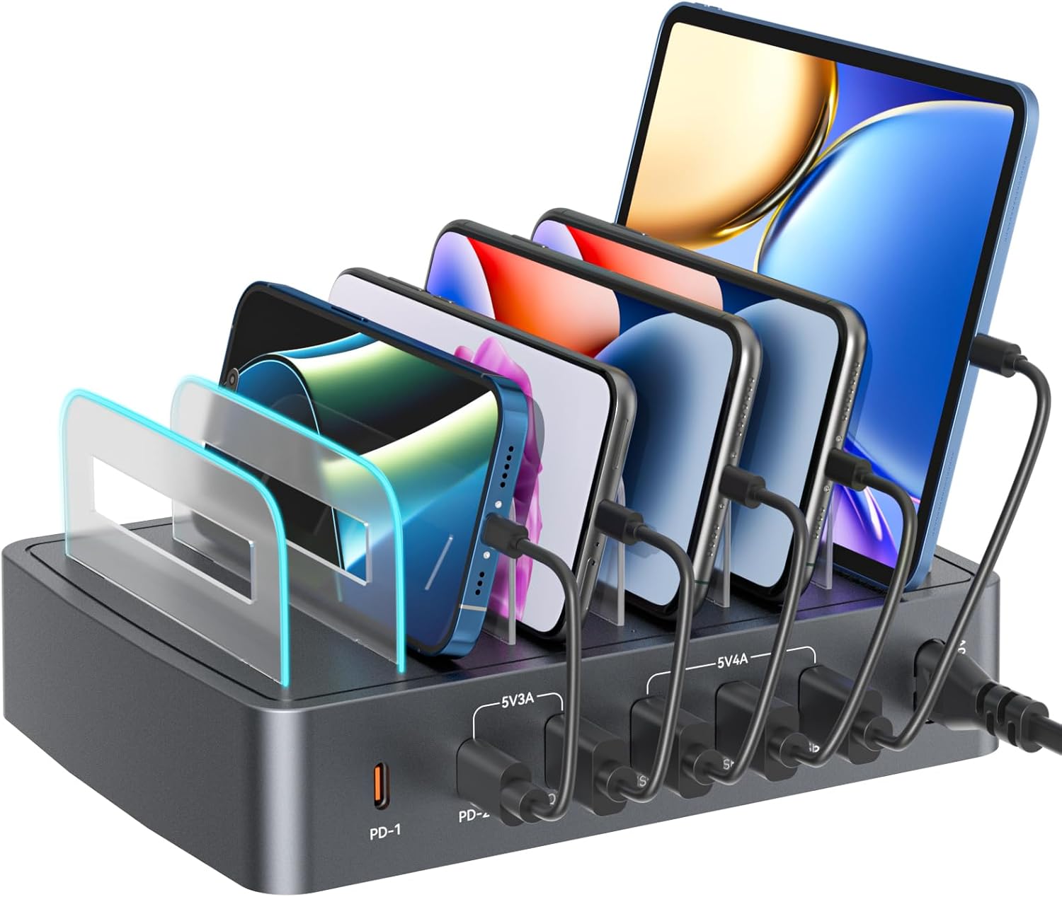 RENGOGA Estación de Carga USB C 72W a 6 Puertos para Múltiples Dispositivos, Carga Rápida PD 45W para iPhone 14/13, 2X USB-C y 4X USB-A, Sin Cables de Carga, para Smartphones Tabletas AirPods