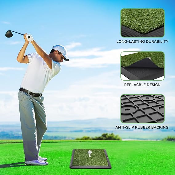 COSPOPTIC Golf Hitting Mat with Swing Path Feedback, Heavy-Duty Rubber Base Anti-Slip Golf Training Mat, Extra Replaceable Surface, Portable Practice Mat for Home Office Garage Yard Indoor Outdoor