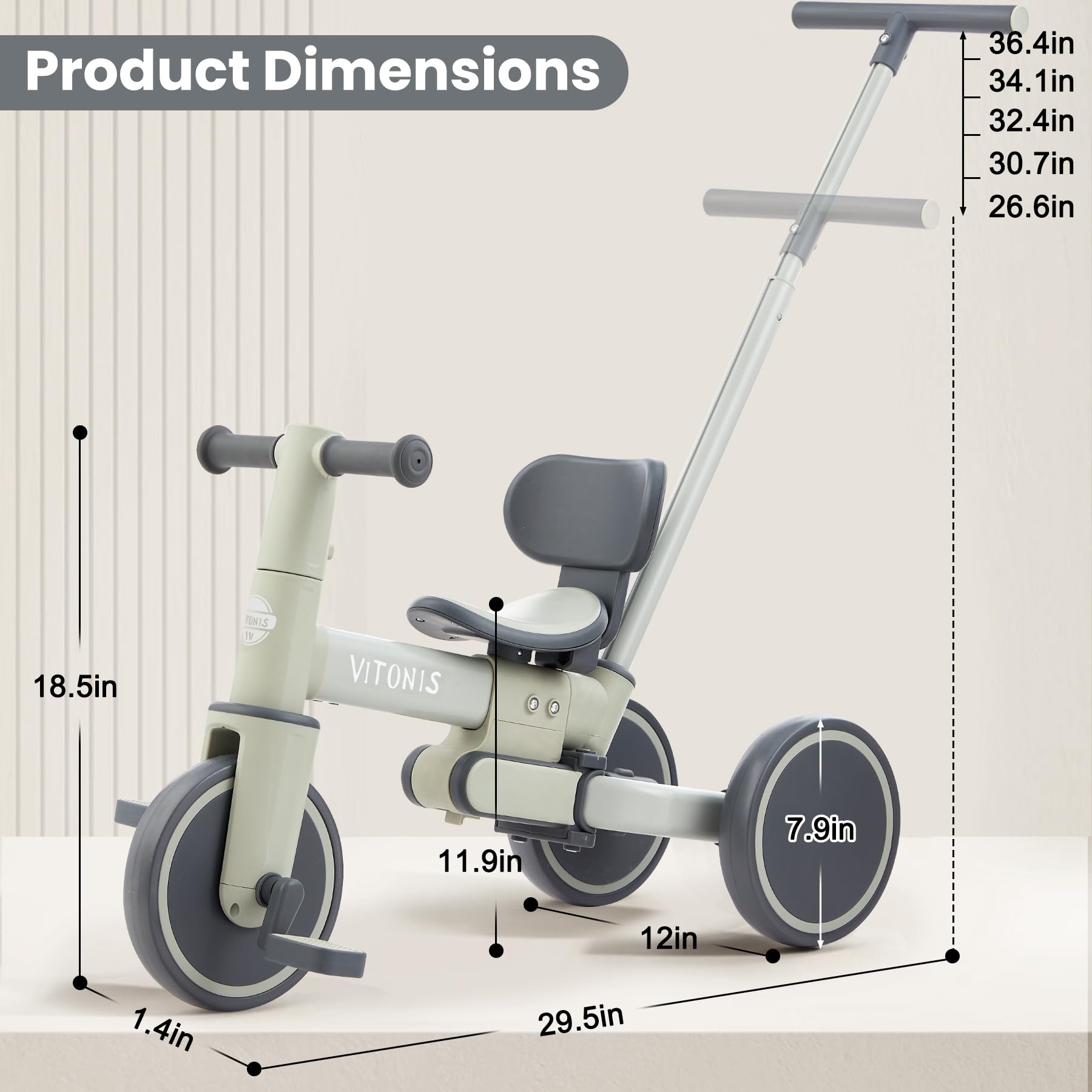Bicicletta senza pedali da 1 anno, triciclo 5 in 1 con barra di spinta per bambini, bicicletta senza pedali per bambini piccoli, regalo per bambini e bambine