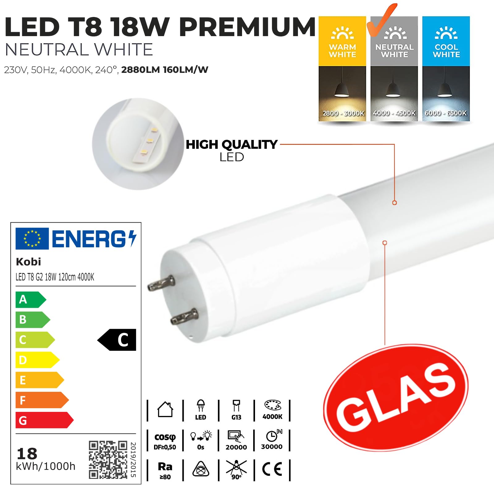 25er Pack PREMIUM LED Röhre T8 G13 120cm 18W Neutralweiß 4000K – 2880lm – 160 lm/W High Efficiency – Glasrohr – Flimmerfrei – Ersatz für Leuchtstoffröhre – inklusive Starter