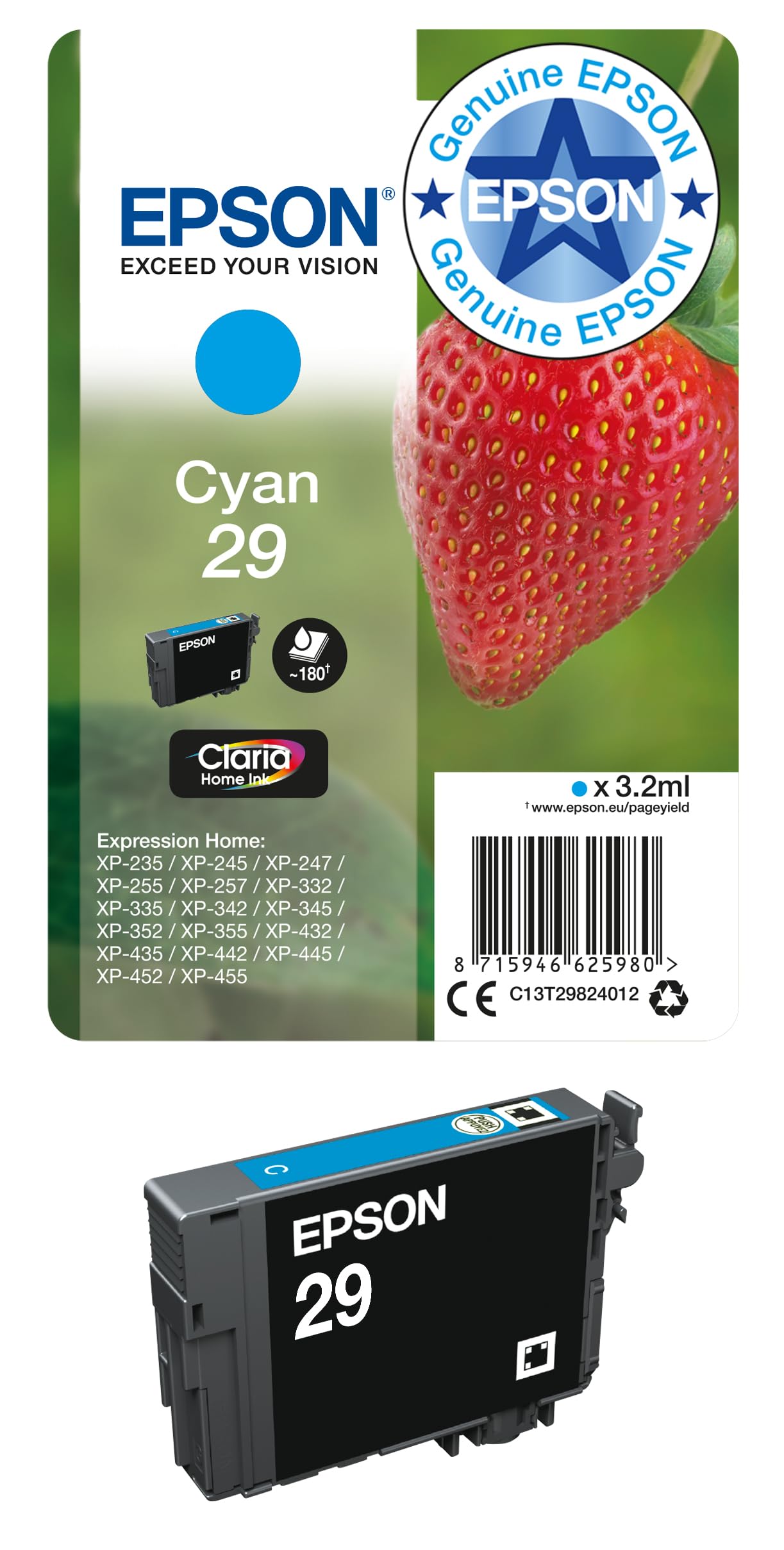 Epson29 Cyan Strawberry Genuine, Claria Home Ink, Standard