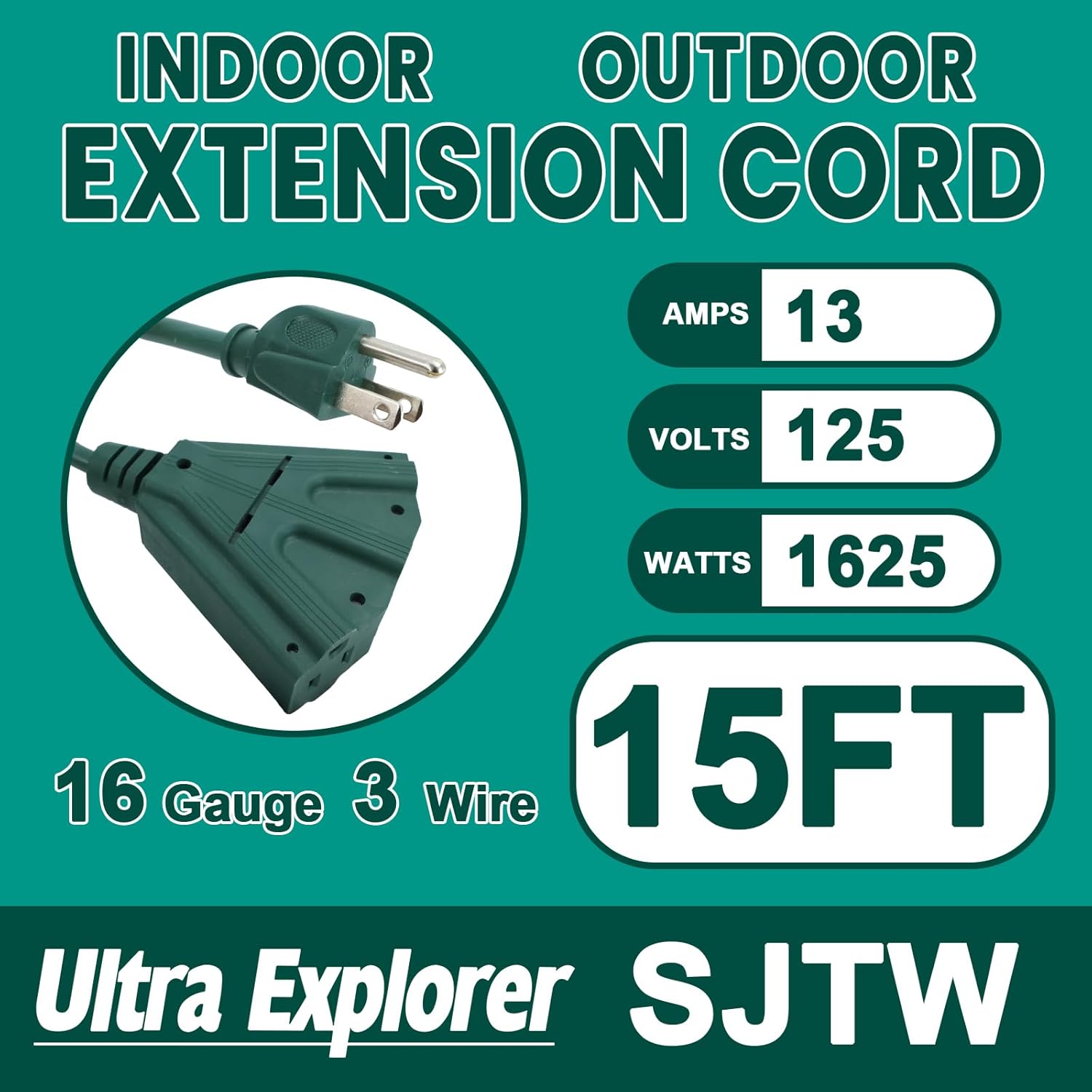 15 Ft 2 Pack Extension Cord Indoor Outdoor with 3 Electrical Power Outlets - 16/3 SJTW Long-Lasting Green Cable with 3 Prong Grounded Plug