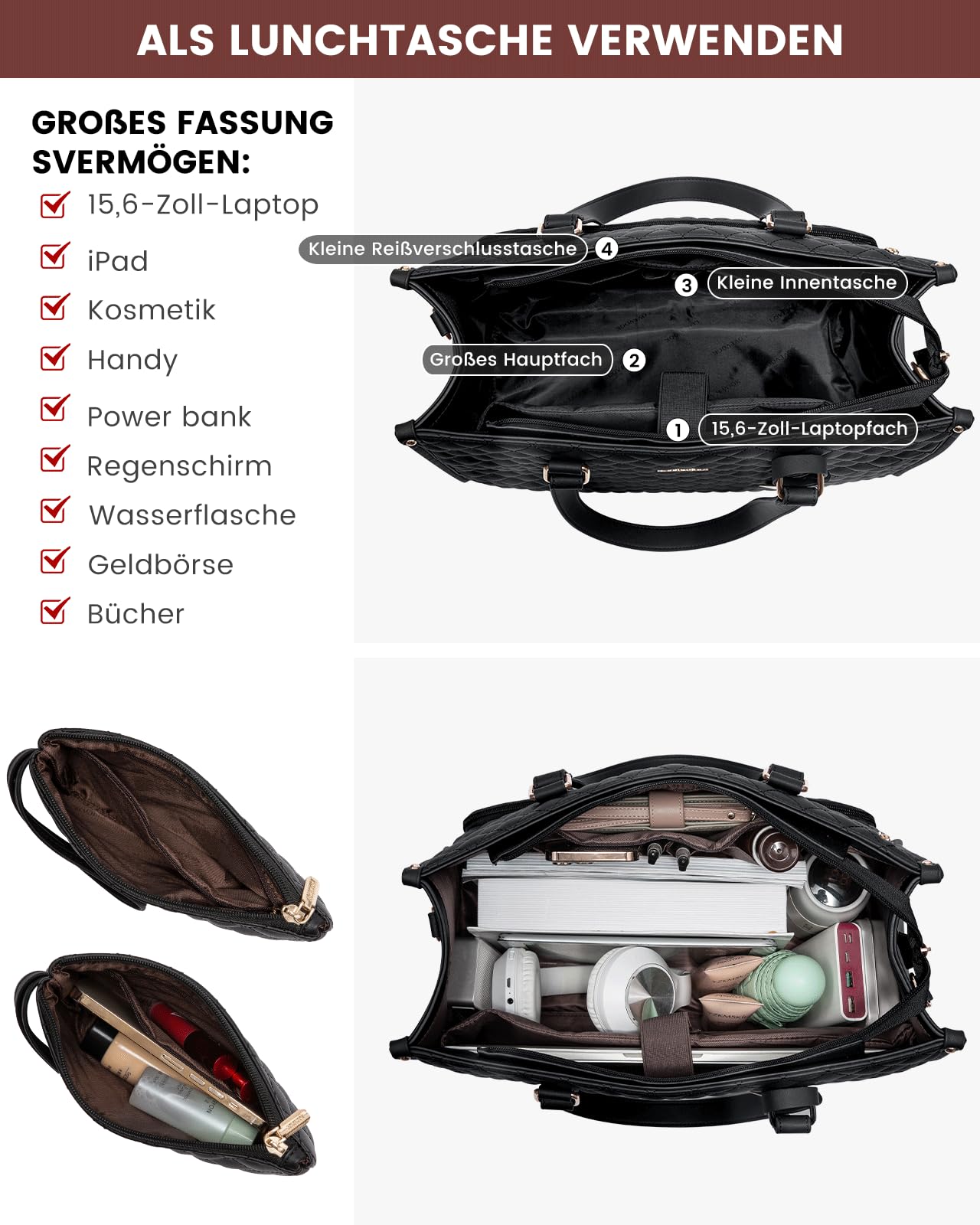 LOVEVOOK Laptoptasche Damen mit Isolierted Lunch-Fach, 15,6 Zoll Laptop Handtasche, Arbeitstasche Lehrertasche Groß, Lunchtasche Aktentasche Leder, Schultertasche für Schule Büro Uni