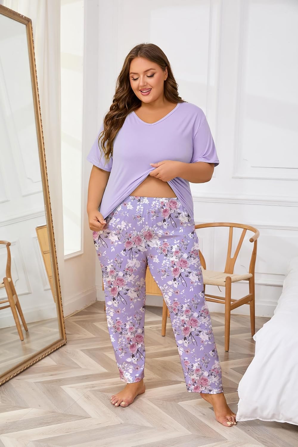 Women Plus Size Pajama Sets 2 Piece Lounge Set Short Sleeve Tops and Long Pants Soft Pjs Sleepwear 1X-5X - Image 2