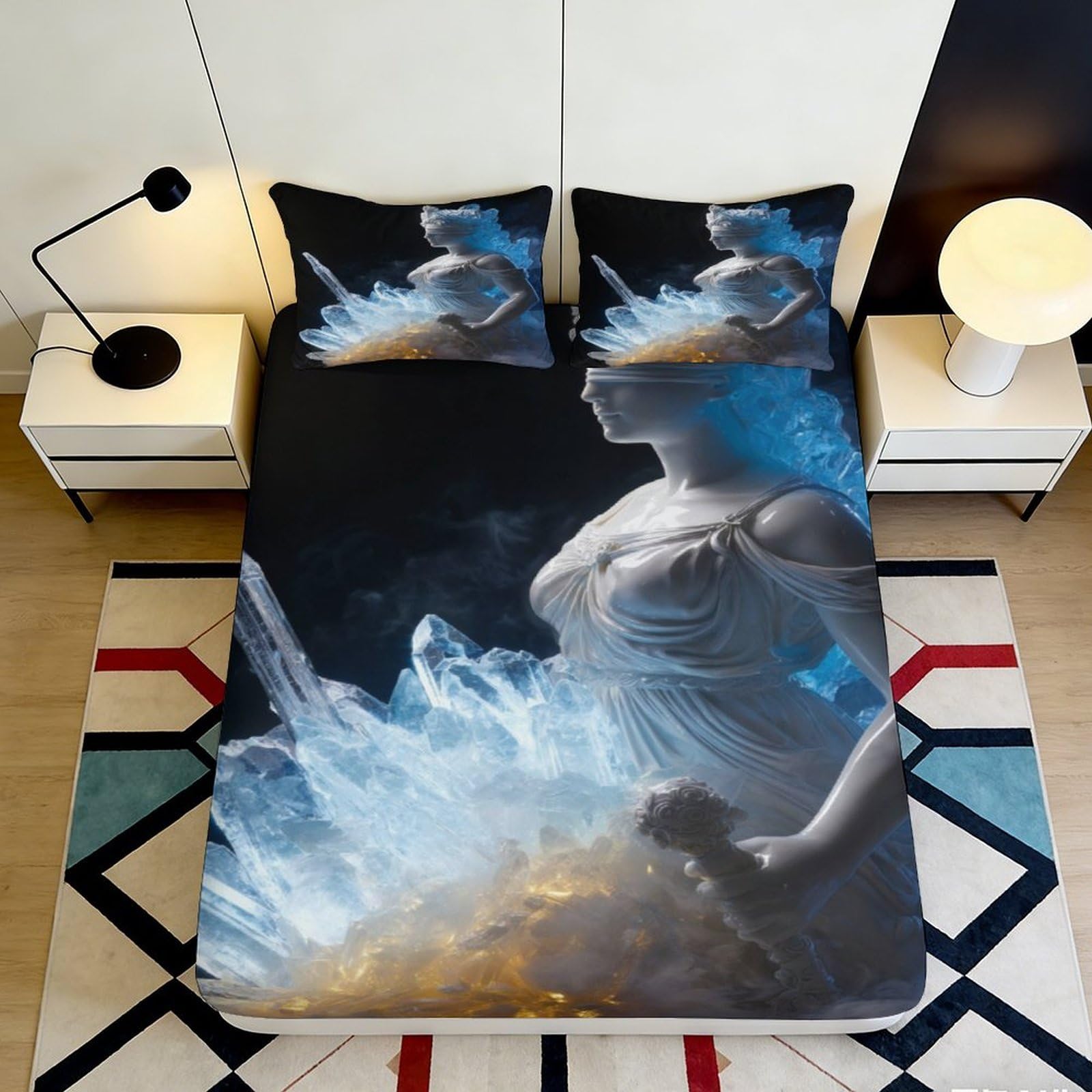 3D Printed Goddess Statue Fitted Sheet Microfiber Soft Crystal Art Bed Cover for Bedroom Dorm Mattress Protection 90x200x25cm