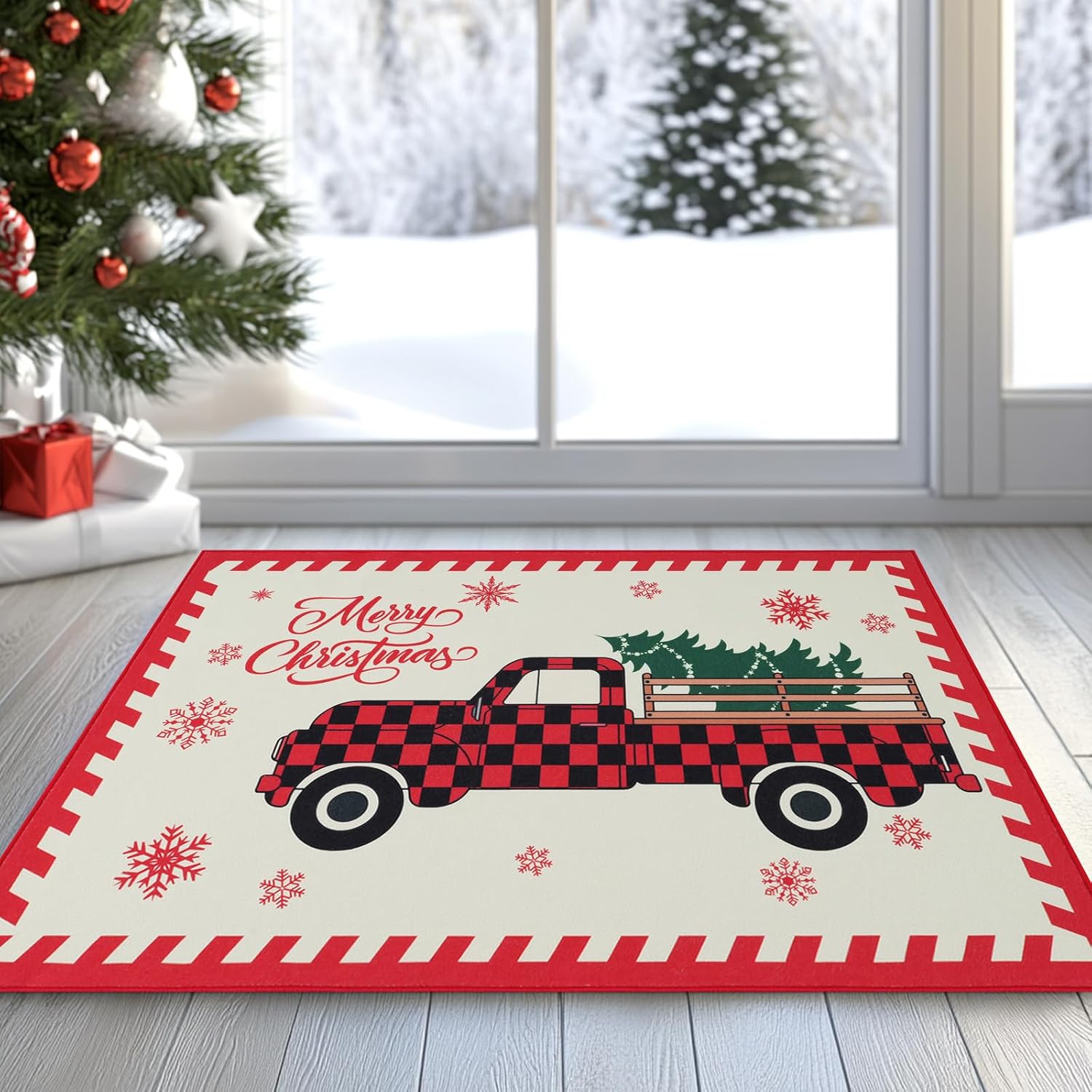 BRICHOEE Red Truck Christmas Door Mat Xmas Snowflake Indoor