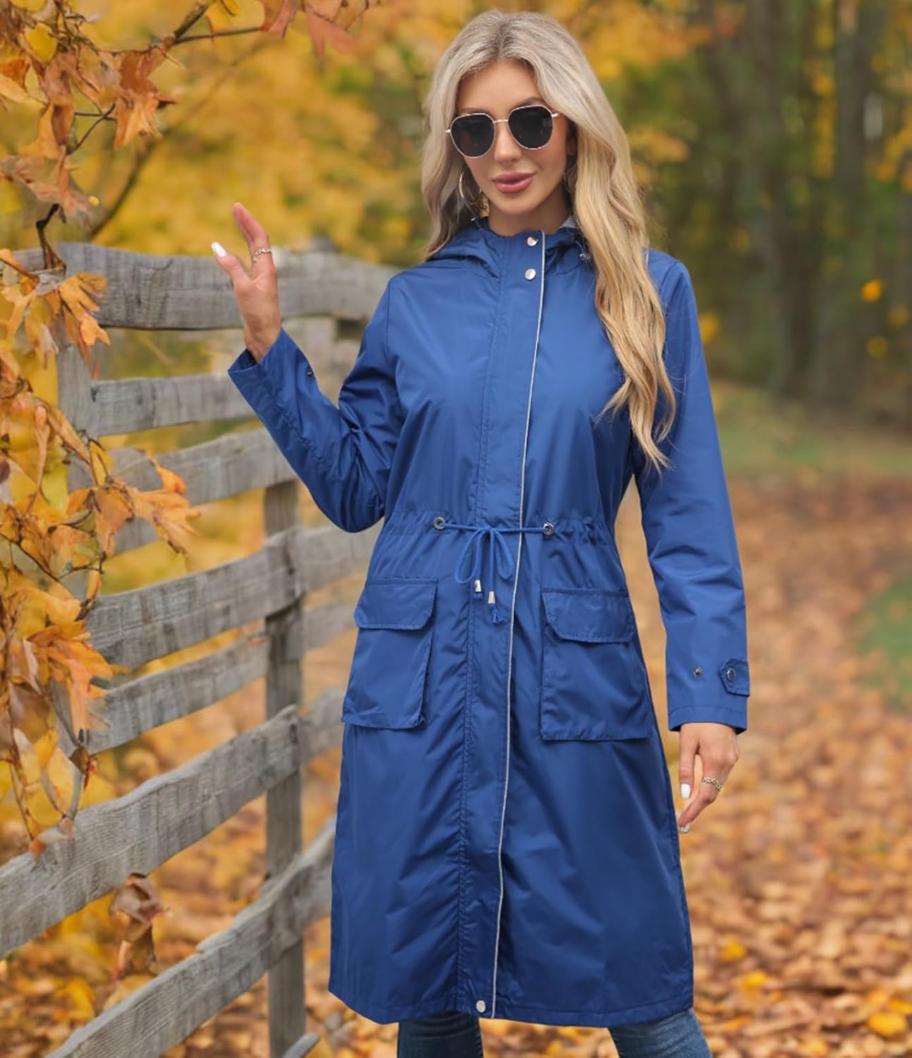 Women Waterproof Lightweight Long Rain Jacket Outdoor Casual Hooded Long Trench Coat