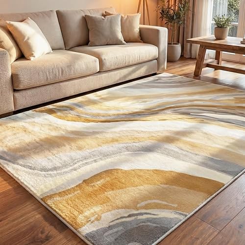 6x9 ft Faux Cashmere Washable Area Rug, Modern Neutral Beige Carpet with Non-Slip Rubber-Backed Bottom, Earth Tone Accent for Living Room Bedroom Office Dorm Apartment, Pet Friendly Indoor Floor Mat