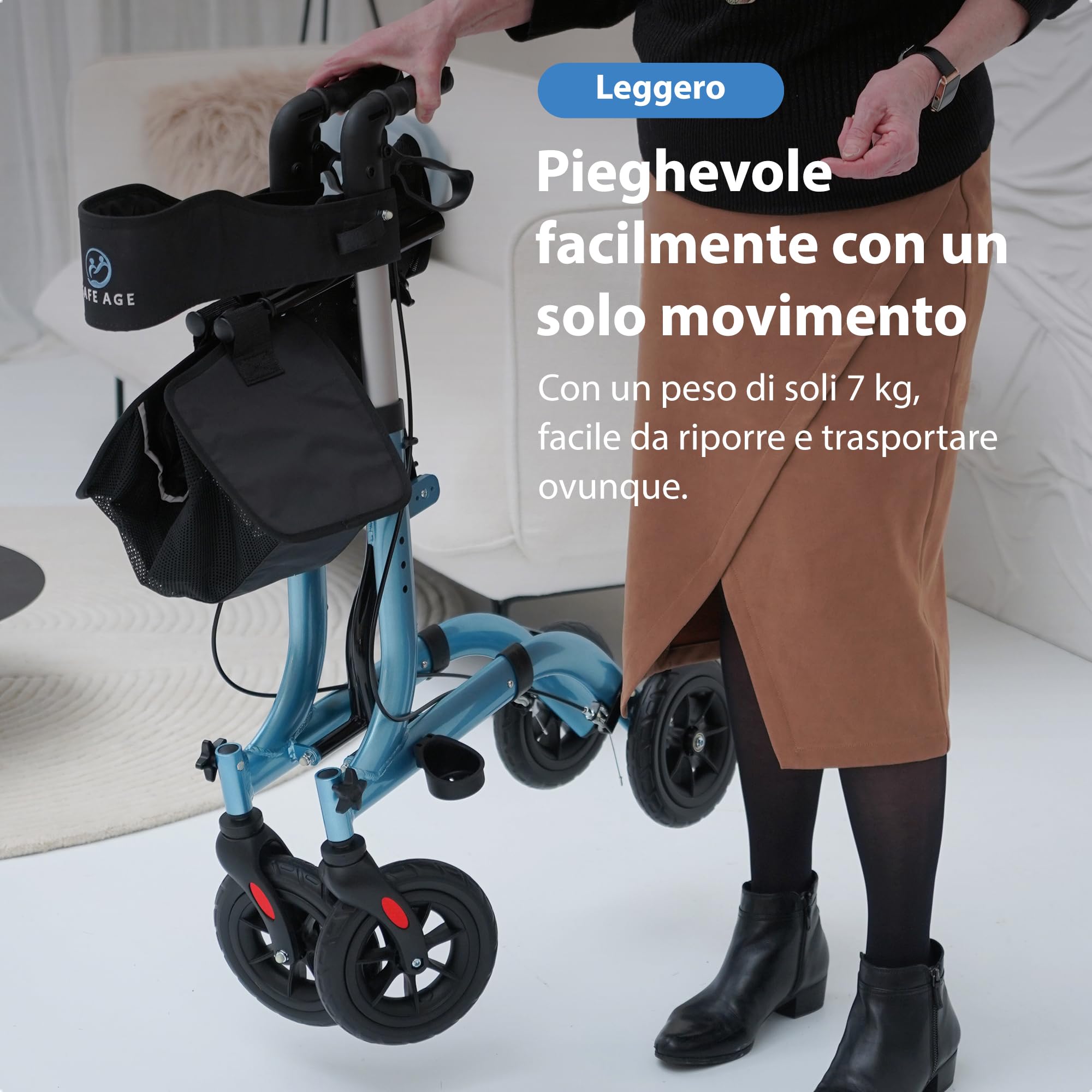 Safe Age Deambulatore con Seduta Ultraleggero - Girello Pieghevole per Anziani per Uso Interno ed Esterno con 4 Ruote, Schienale e Porta Bastone