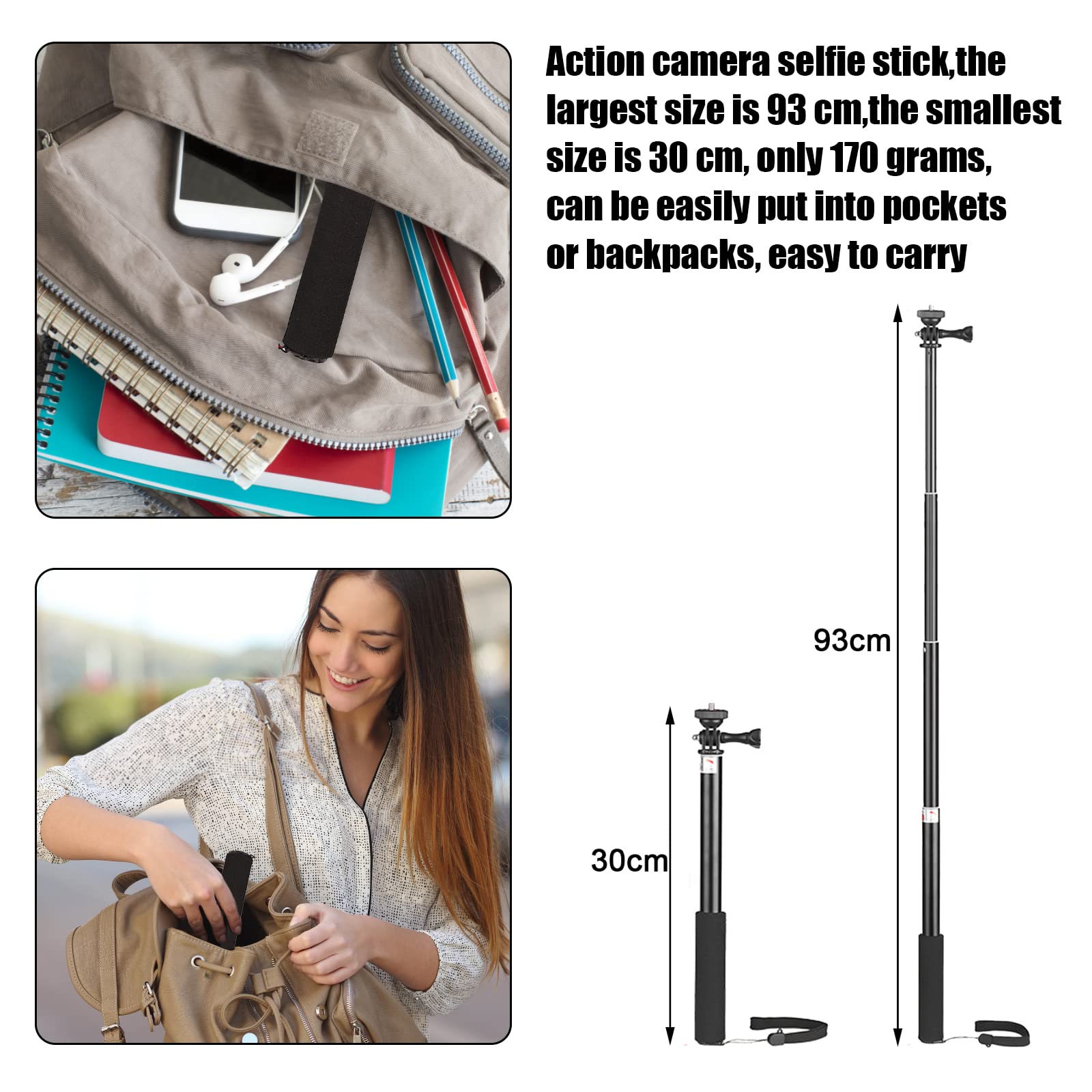 Bastone Selfie Per Action Cam - Monopiede Regolabile 30-93 Cm Per Sport E Avventure - Foto 11