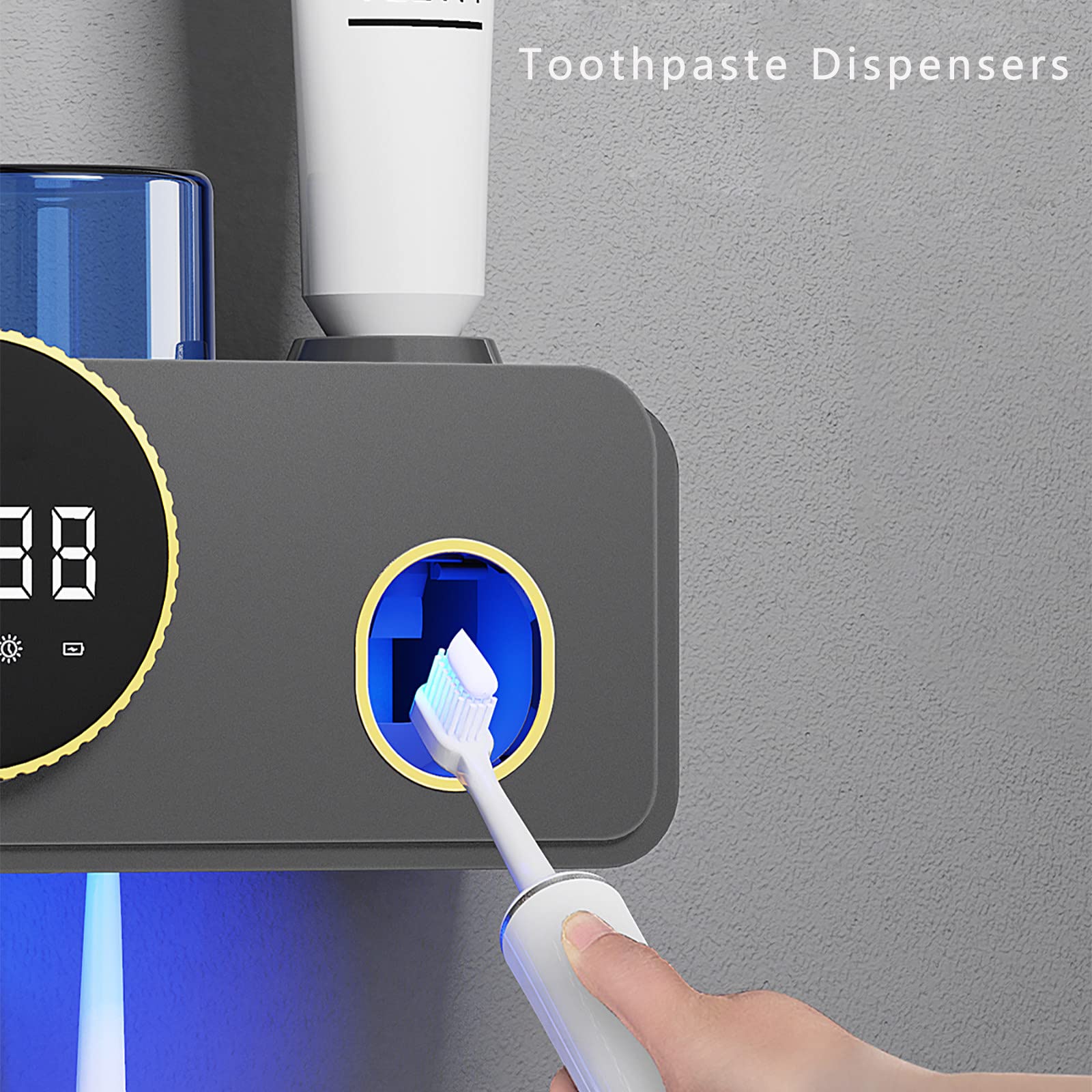 Porta Cepillo de Dientes, Soporte Cepillo de Dientes con Función Esterilizador Secado, LED Estuche Cepillo Dientes con Luz Nocturna, Organizador Baño USB Recargable, Negro