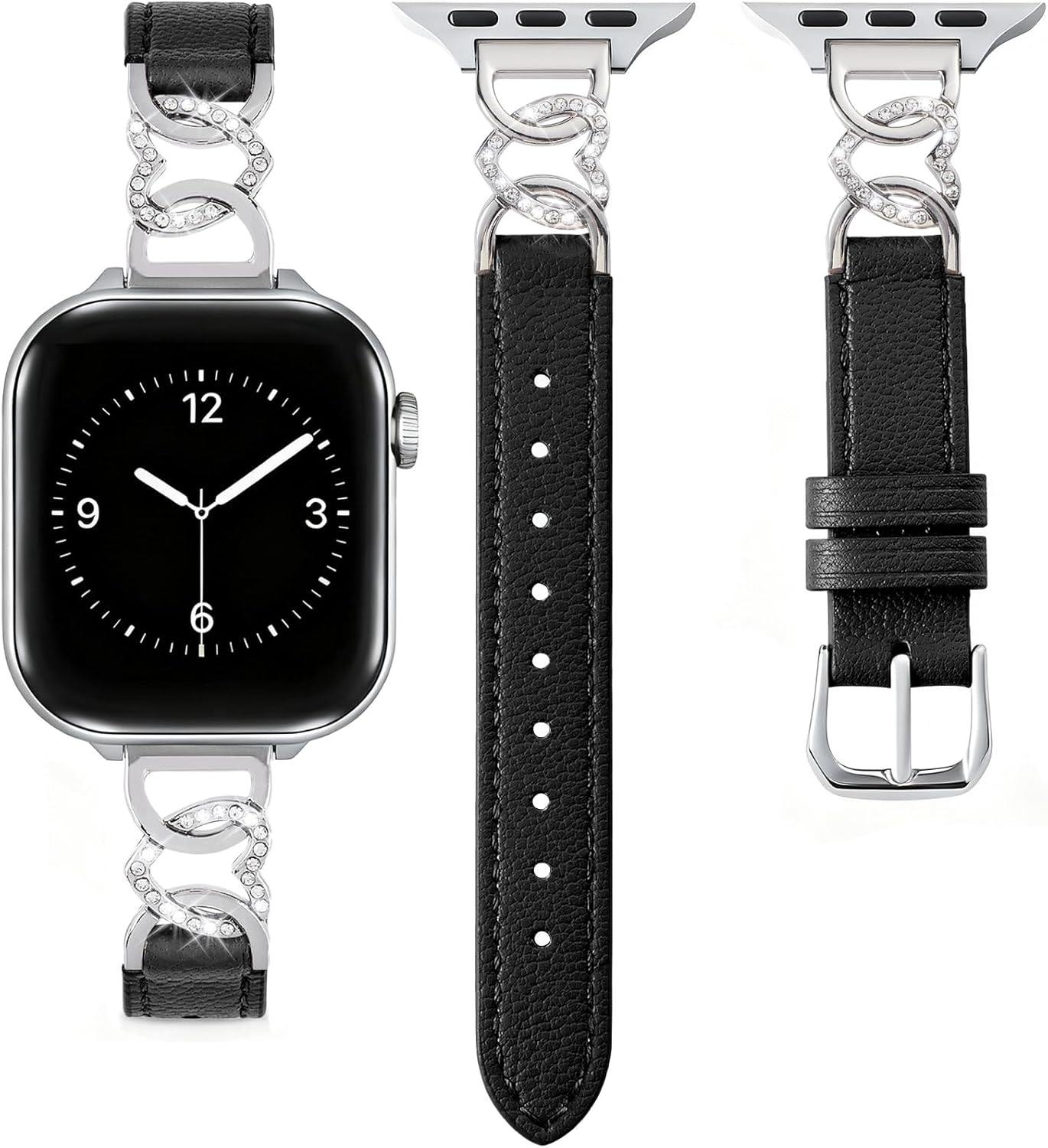 Slim Goatskin Leather Watch Bands for Apple Watch Series 11 10 9 8 7 6 5 4 SE 3 for Women, Exquisite Diamond Heart Metal Chain Leather Band for iWatch 42mm 41mm 40mm 38mm 46mm 45mm 44mm 49mm