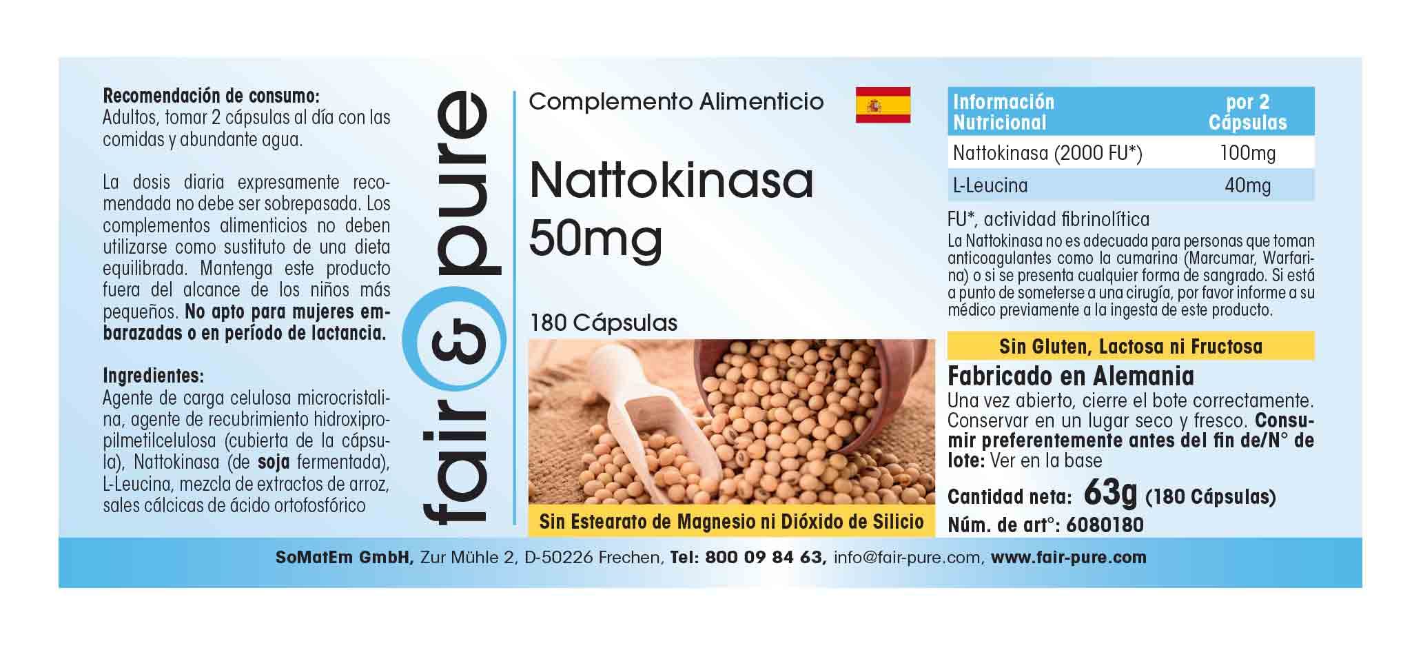 Fair & Pure Nattokinase 50mg, 180 Kapseln, schluckfreundlich, Nahrungsergänzungsmittel vegan ohne Magnesiumstearat, in Deutschland hergestellt