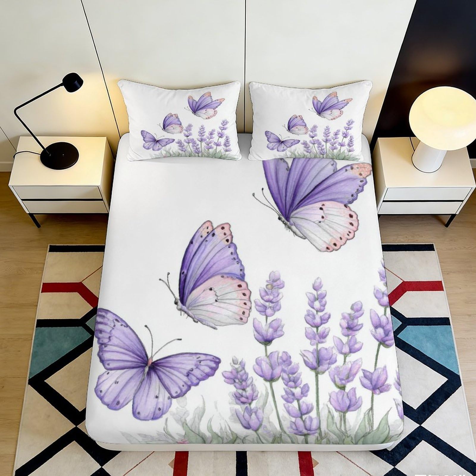 3D Printed Purple Butterfly Fitted Sheet Microfiber Soft Lavender Mattress Cover for Bedroom Guest Room Dorm Decor 90x200x25cm