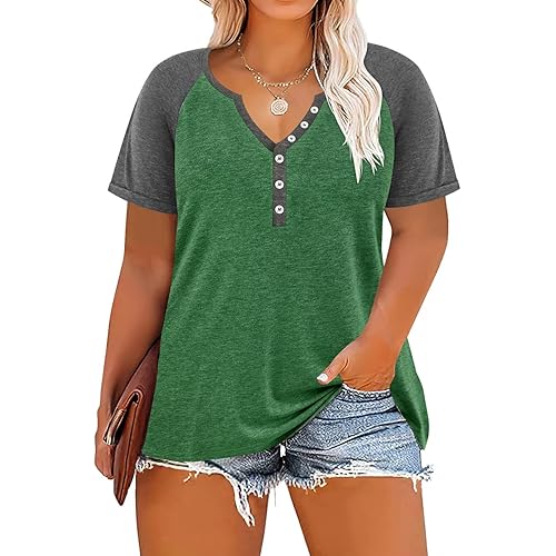 RITERA Plus Size Tops For Women Casual V Neck Henley Shirt Summer Short Sleeve Blouses T-Shirt XL-5XL