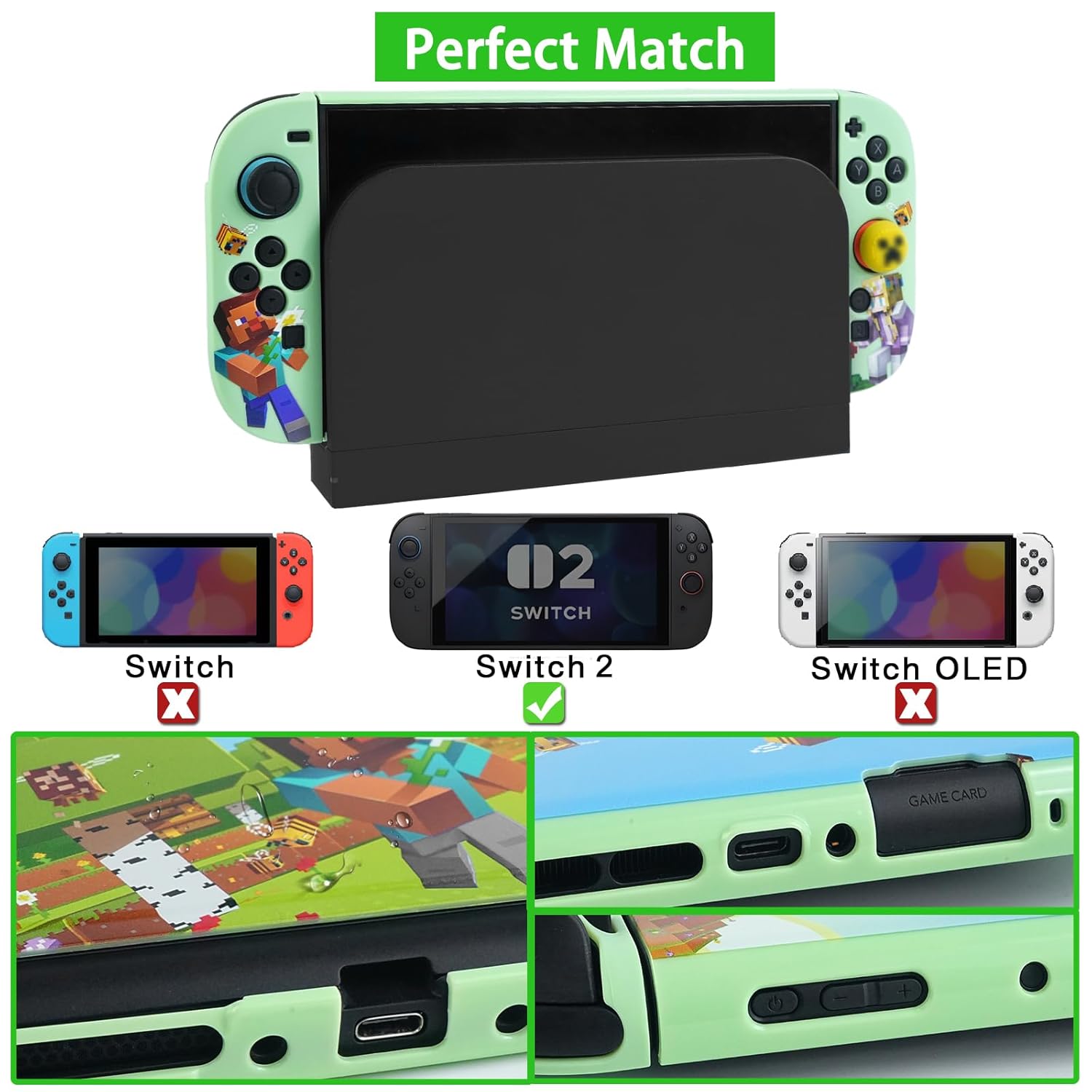 TIKOdirect Carrying Case Accessories Bundle for Switch 2 2025, Portable Travel Case with Protective Cover, Screen Protectors, 4 Thumb Grip caps and Cute Stickers, Green - Image 3