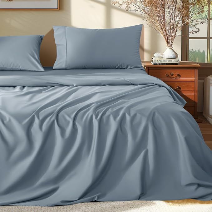 Shilucheng 100% Egyptian Cotton King Size Sheets Set - 1000 Thread Count，Luxury Cotton Bed Sheets，Breathable & Cooling Bedding and Pillow Cases, 16 Inch Deep Pocket - 4 Piece (French Blue, King)