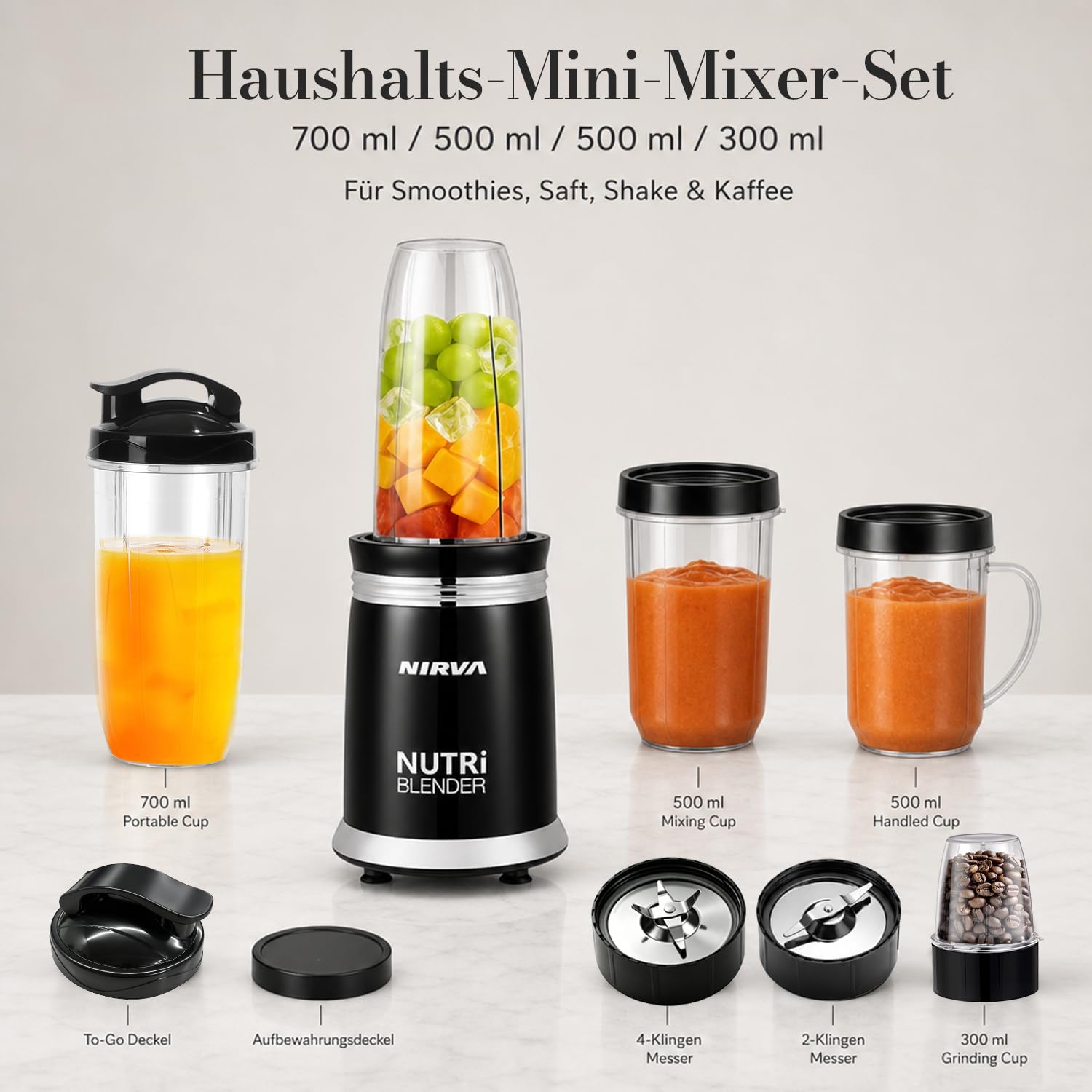 Nirva Smoothie Maker, Standmixer 2 in 1 mit Kaffeemühle, 25000 U/min Elektrischer Mixer für Shakes und Smoothies, 4 Klingen Edelstahlmesser, Personal Blender mit 4 Mixbechern & To-Go Deckel