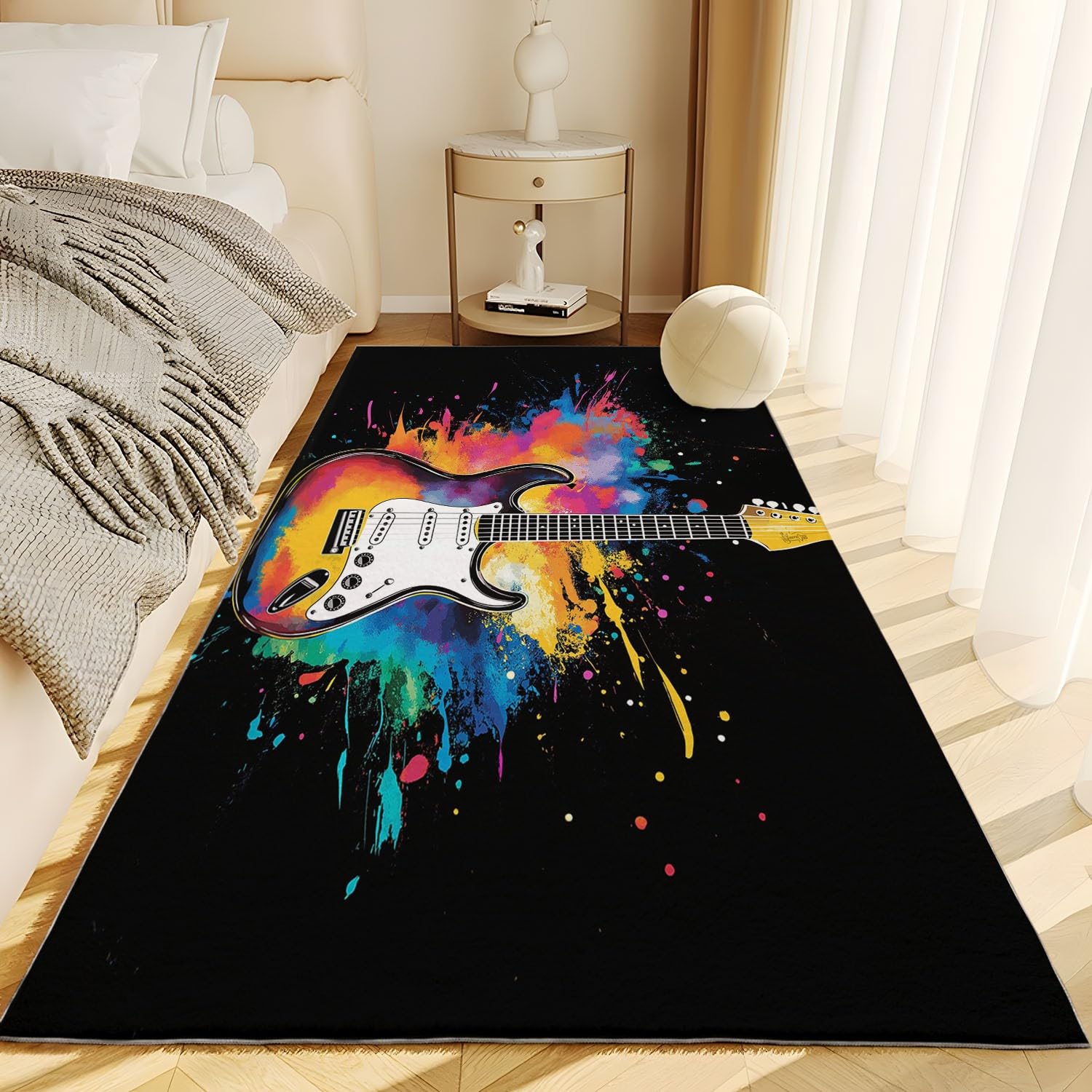 Tapis Salon Instrument de Musique Rock Guitare pour Chambre Tapis Poils Ras 100 x 160 cm, Art Musical Tapis de Salon, Tapis Rectangulaire Antidérapant, Idéal pour Les Salons et Les Couloirs