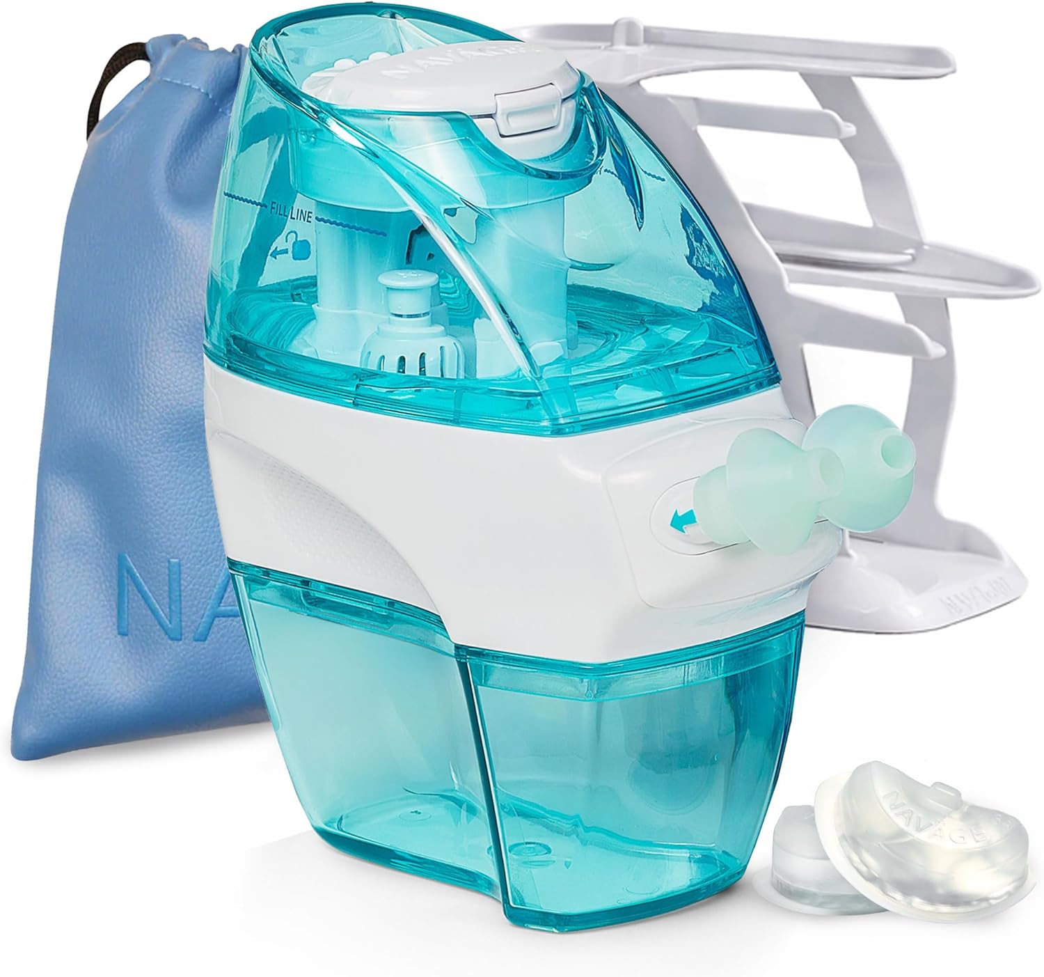 Navage Nasal Care Deluxe Bundle – Powered Nose Cleaner for Congestion Relief w/ 30 SaltPods, Storage Caddy, Sky Blue Travel Bag & Batteries ($137 Value). Sinus Rinse for Clinically Proven Benefits
