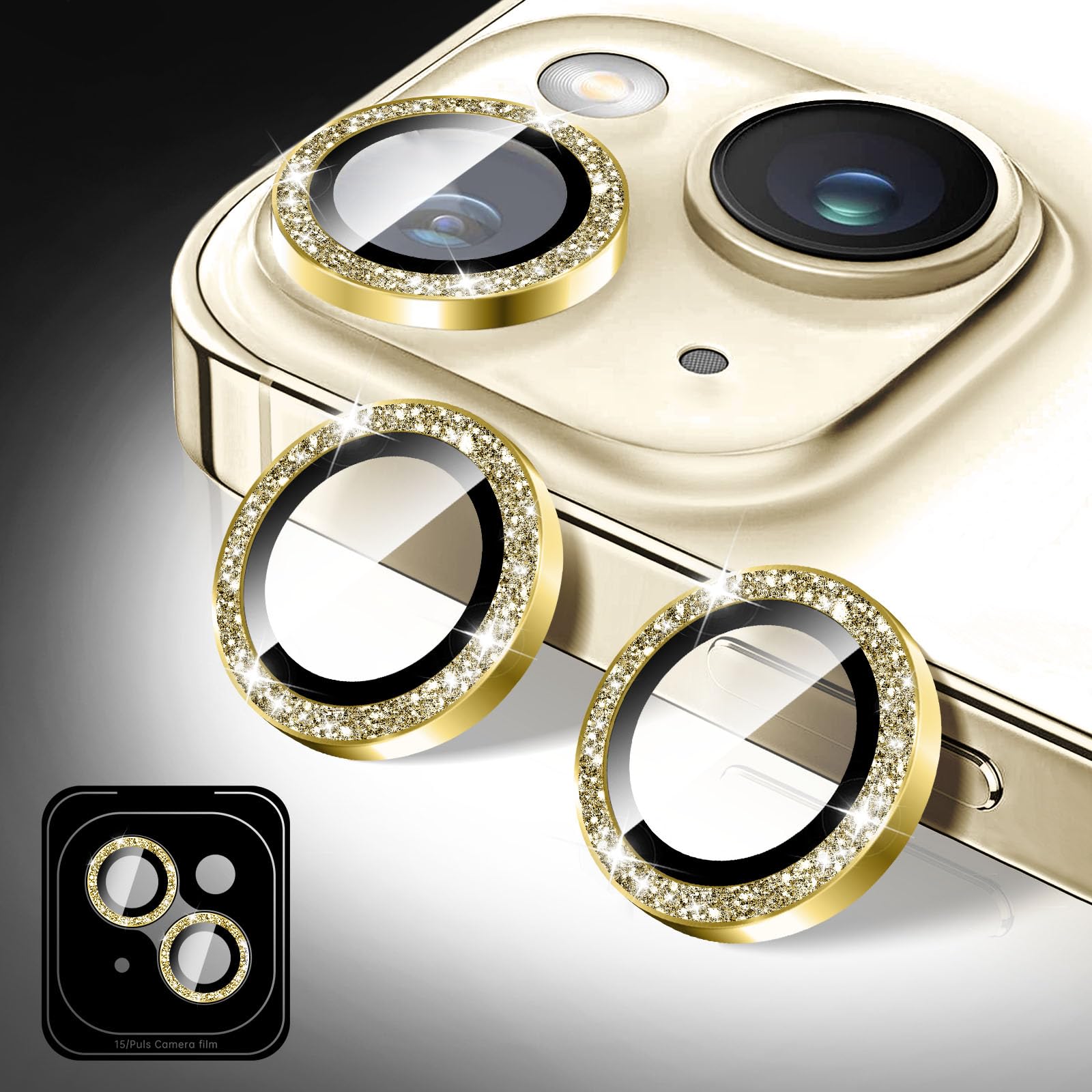 Kucheed Bling Camera Lens Protector for iPhone 12/iPhone 12 Mini, Glitter 9H Tempered Glass Camera Cover Film Stickers, Sparkling Automatic Alignment Individual Metal Rings Phone Accessories