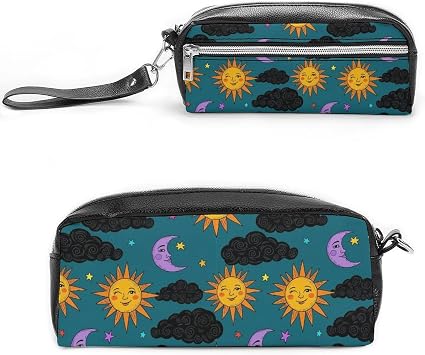 Leather Pen Box Organizer, Professional Storage Artist Office Supply Zipper Case Accessories, Vintage Astrology Star Trippy Sun Moon Cosmetic Bag