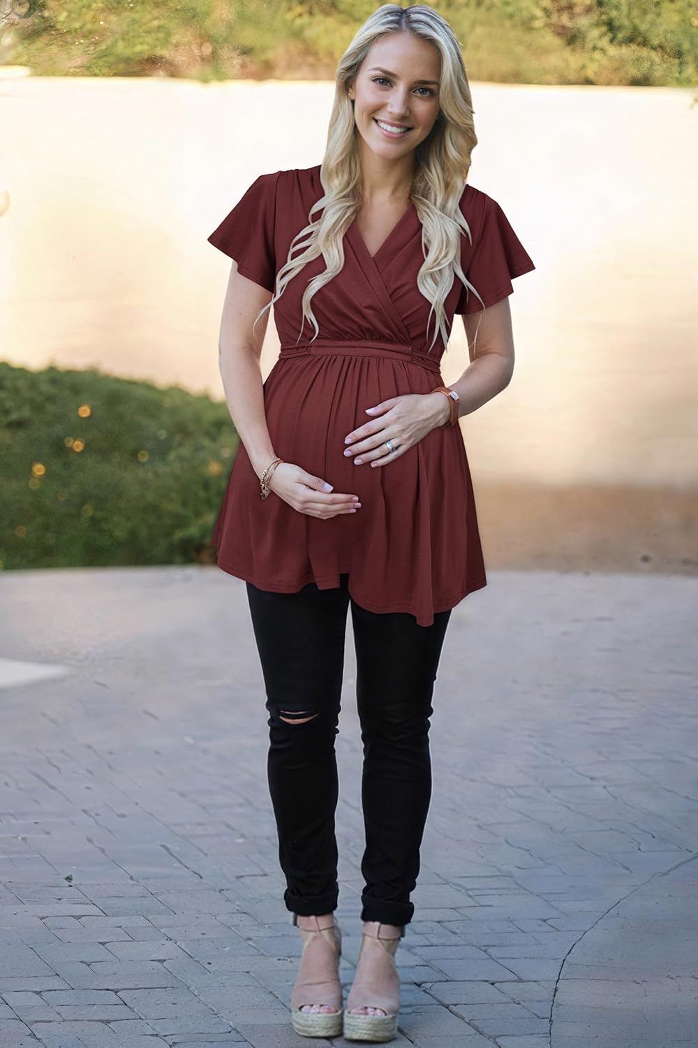 OUGES 2025 Womens Maternity Nursing Tops/Shirts Short Sleeve Wrap V Neck Tie Back Maternity Clothes