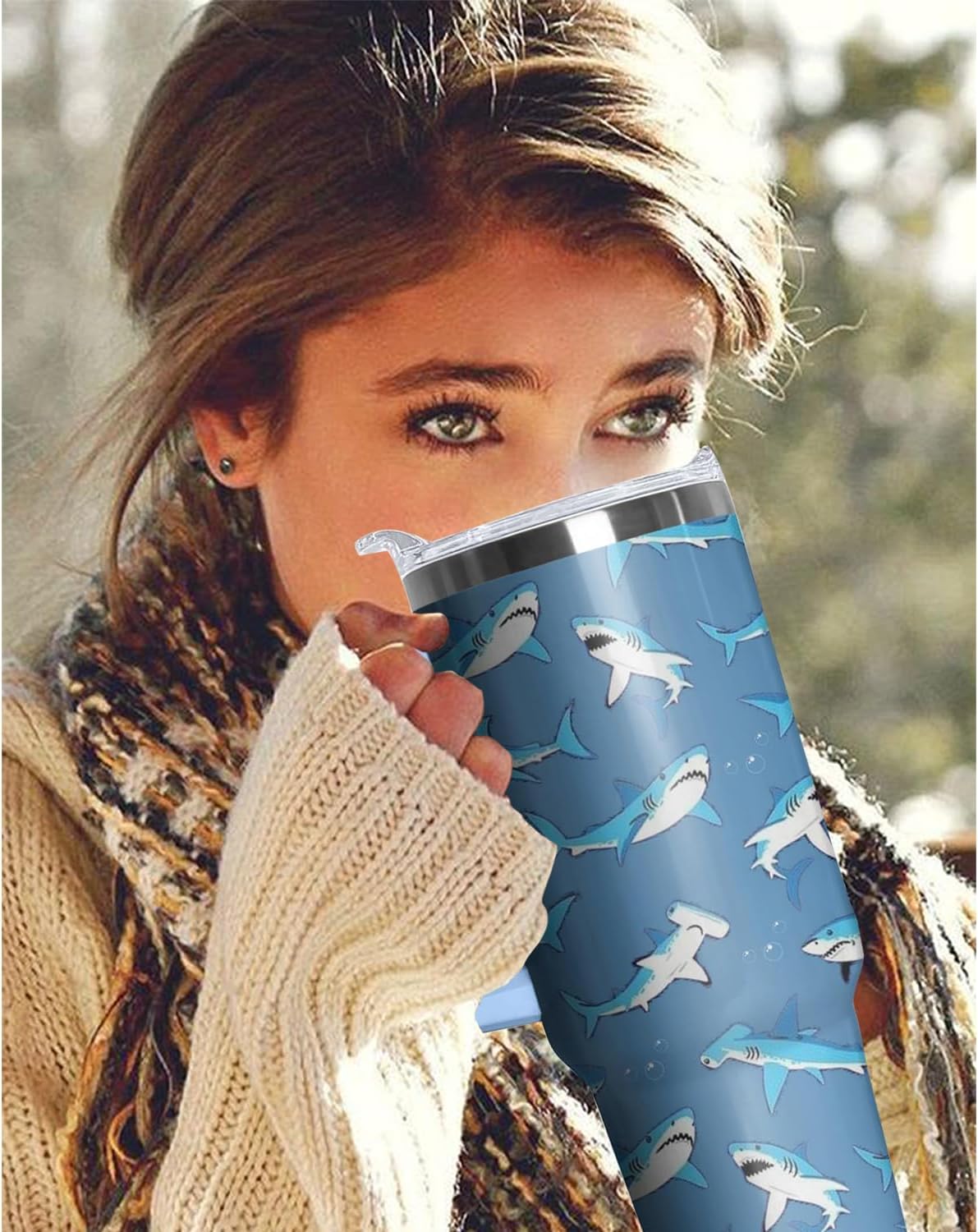 Shark Tumbler with Handle and Straw, 40 oz Stainless Steel Pink Insulated Cup with Lid and Straw,Travel Coffee Mug Water Bottle, Birthday Christmas Mothers Day Gifts for Animal Lovers Women - Image 7