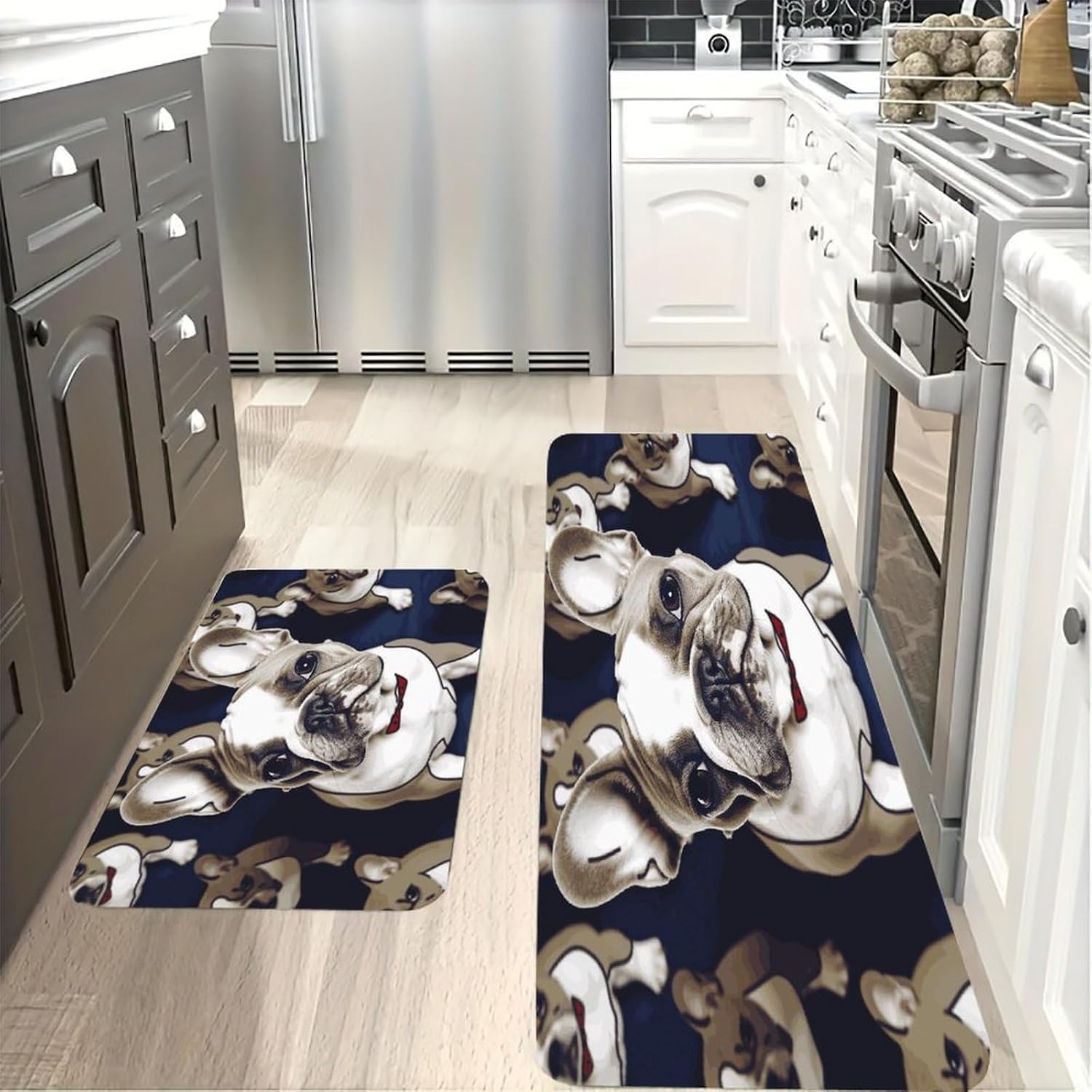 Cute French Bulldog Kitchen Mat Kitchen Rug Set | Kitchen Rugs Flannel Velvety Washable breathable Water Absorbent Soft ，kitchen utensils for Kitchen, Floor,Laundry