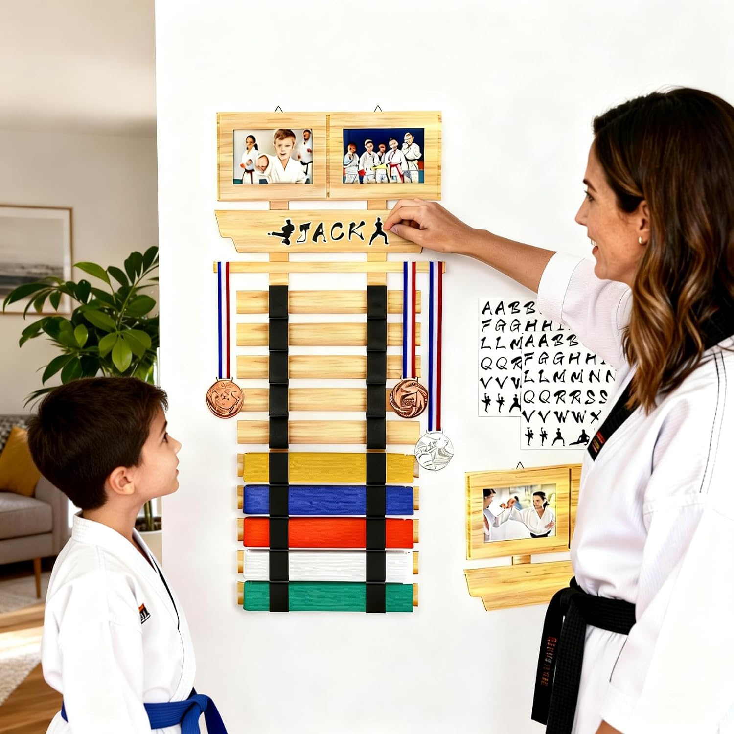 10 Belts Karate Belt Display Rack, Taekwondo Belt Display with Customization Stickers, 2 Picture Frames, Personalized Martial Arts Belt Display Holder, Karate Gifts for Your Love, Natural
