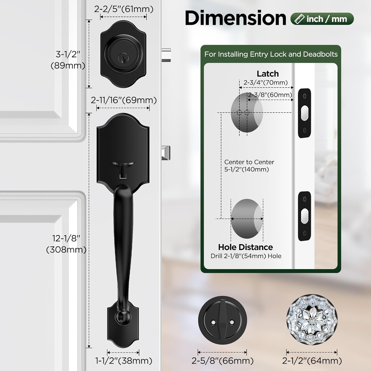 Black Front Door Handle and Deadbolt Set, Classic Front Door Lock Set with Crystal Glass Door Knob, Reversible Entry Door Handle for Right&Left Handed, Matte Black