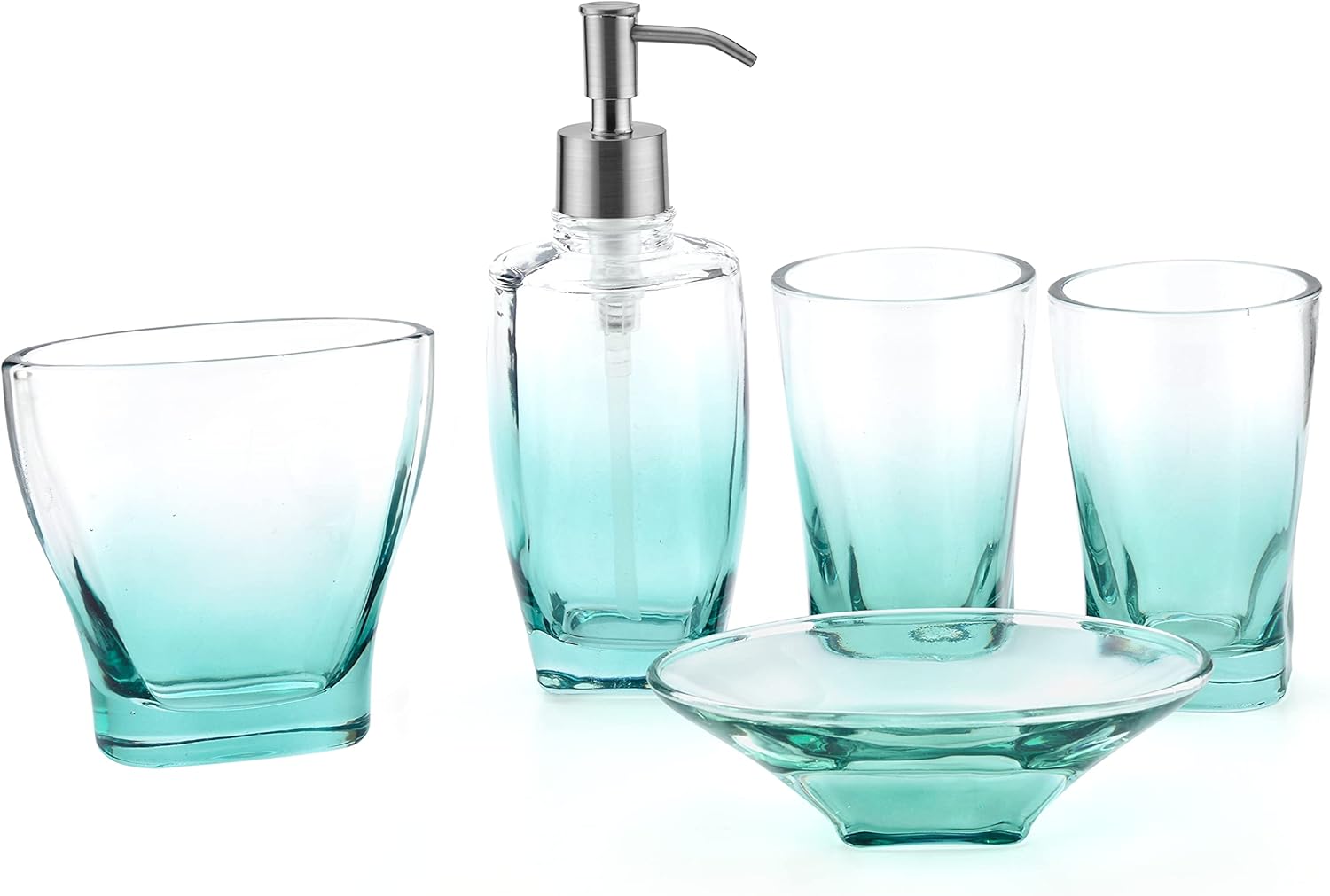 Teal Bathroom Accessories Set, Glass Bathroom Accessory Set 5 Pieces Green Bathroom Set Includes Soap Dispenser Toothbrush Holder Tumbler Cups Soap Dish