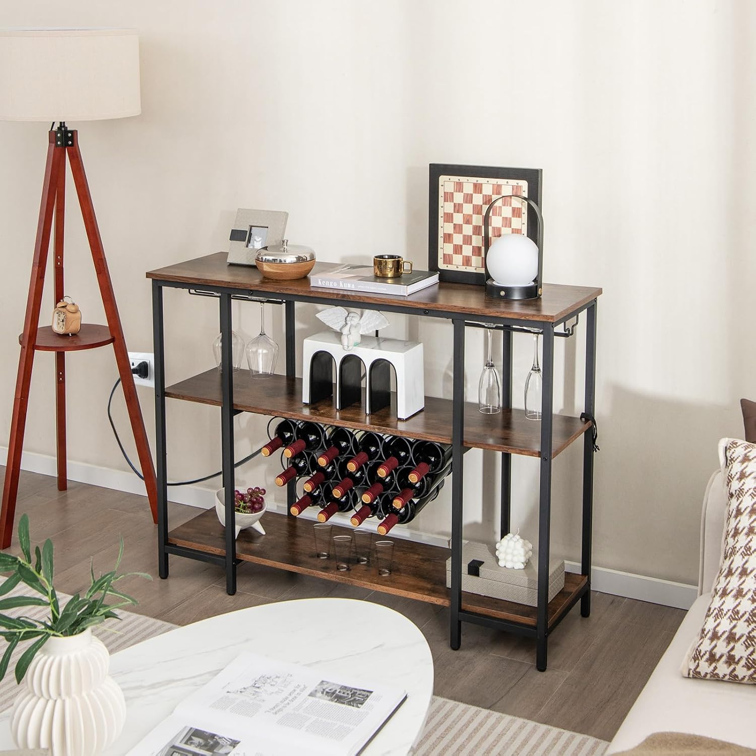 Giantex Wine Rack Freestanding Floor, Bar Cabinet for Liquor, Kitchen Bakers Rack w/ 2 Wine Glass Holders, 15 Bottle Racks, Charging Station, Coffee Bar Table for Home Dining Room, Rustic Brown