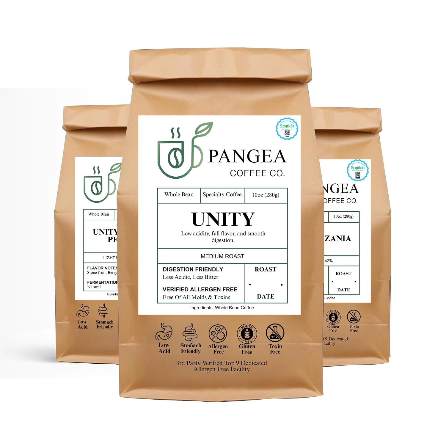 Pangea Coffee – Unity Medium Roast Whole Bean Coffee – 3-Pack (10oz Bags) – Roaster’s Choice – Low Acid, Allergen-Free, Small Batch Roasted