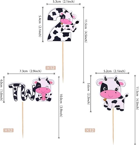 Miniatura 2 de Rsstarxi Paquete de 36 adornos para cupcakes con diseño de vaca, dos decoraciones para cupcakes de animales de granja con zoom de 2 cumpleaños para