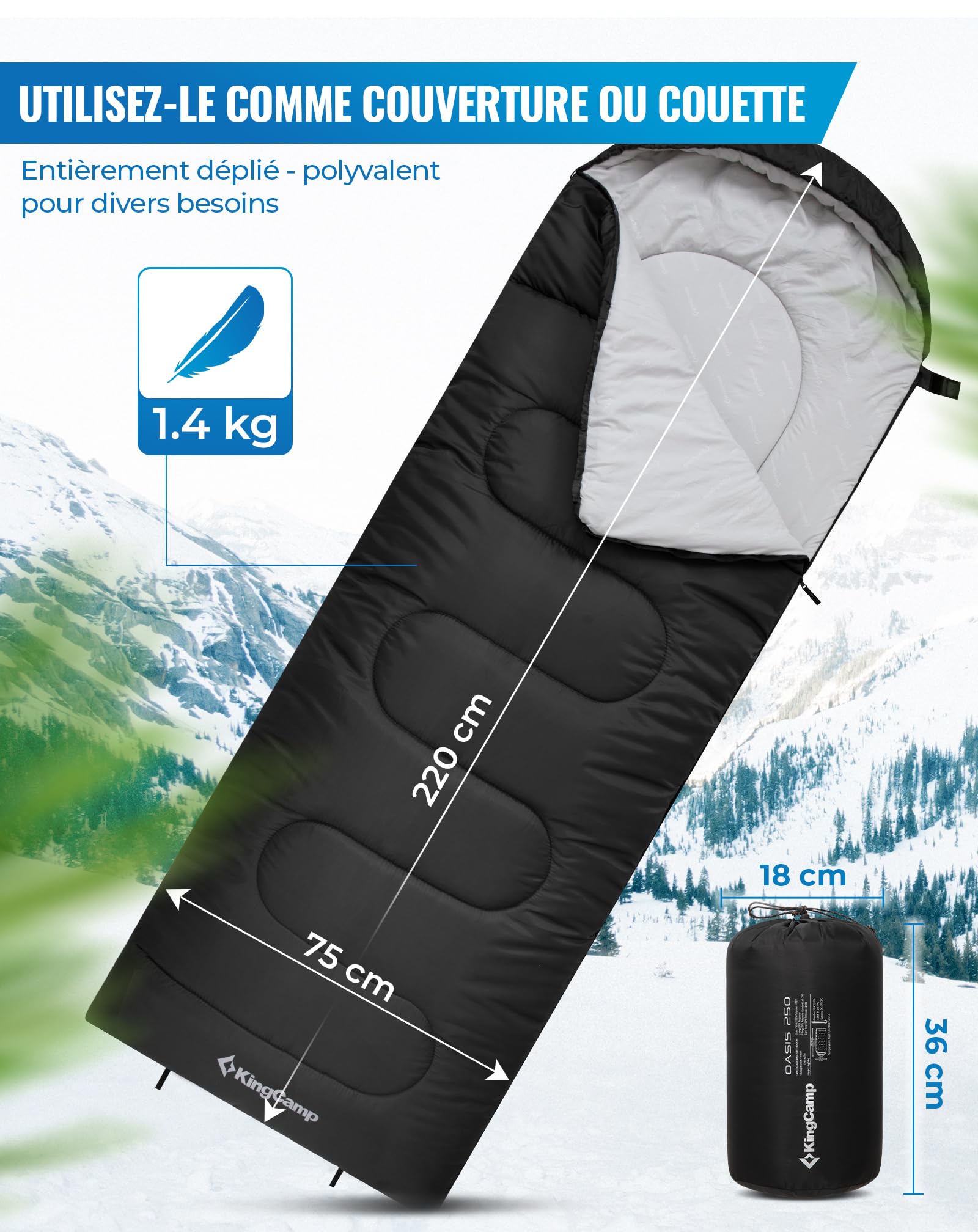 KingCamp Oasis Sac de Couchage de Camping 3-4 Saisons imperméable léger pour Enfants et Adultes, couplage à Droite et à Gauche, idéal pour Les Voyages et Les activités de Plein air