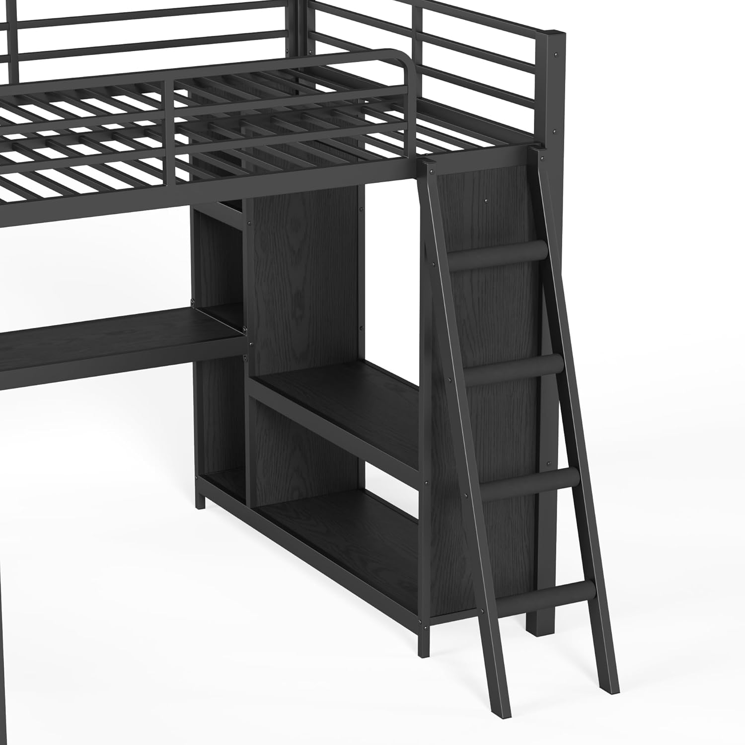 SOFTSEA L-Shaped Triple Bunk Bed with Desk, Wardrobe, Twin XL Over Twin XL Bunk Beds with Storage, Heavy-Duty Metal Bunk Bed Frame with Ladder & Guardrails for 3 People, Black