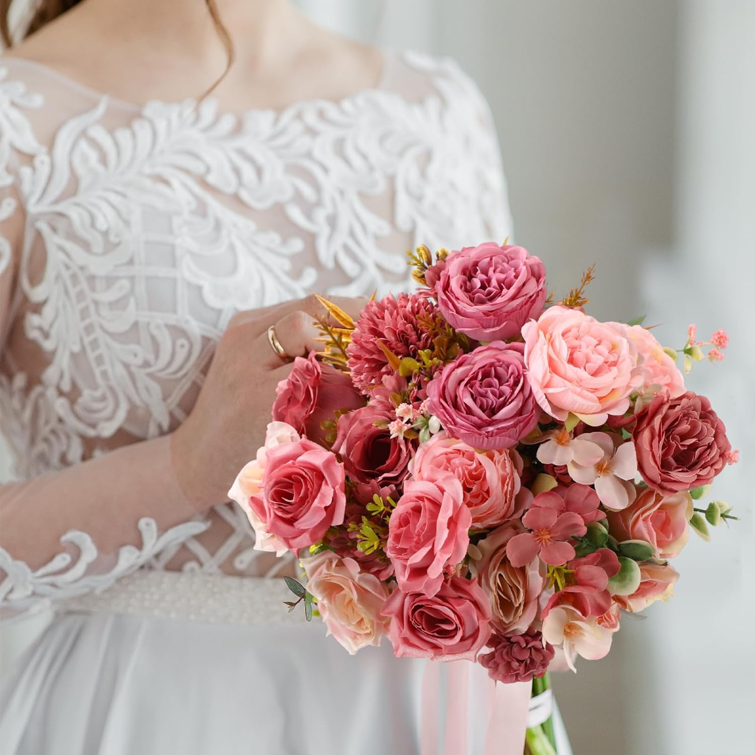 Zeyune 12 Bundles Dusty Pink Artificial Flowers Peonies Silk Dahlia Faux Rose Fake Chamomile Hydrangea Bouquet Floral Arrangements Bulk for Home Vase Wedding Party Table Centerpiece (Peonies)