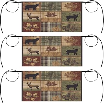 3 Pack Server Apron Patchwork Bear Deer Maple Leaves Fall Waitress Aprons with 3 Pockets Oil Stain Resistant Short Waiter Waist Aprons for Women Men Restaurant Cafes Bars Home